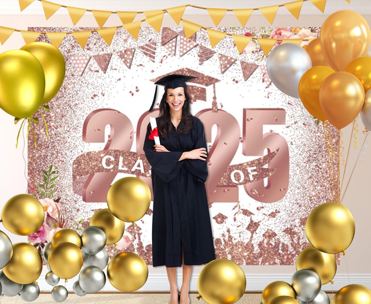 Graduation Class of 2025 Pink Floral Photo Backdrop 10x8ft Vinyl