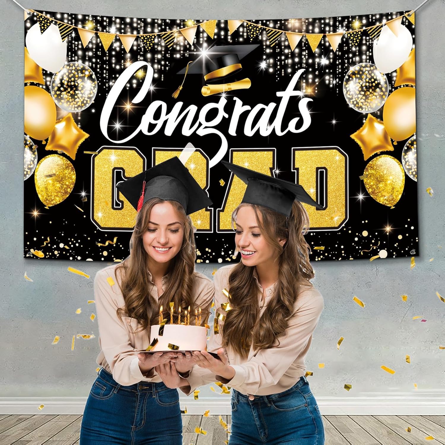 Premium Graduation Backdrop Banner 72x44in Black Gold