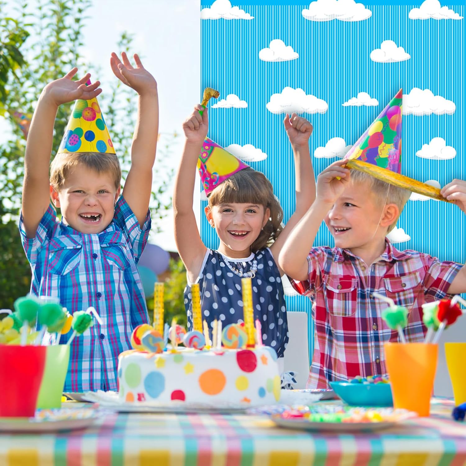 4PCS Blue Sky White Clouds Party Decor Curtains