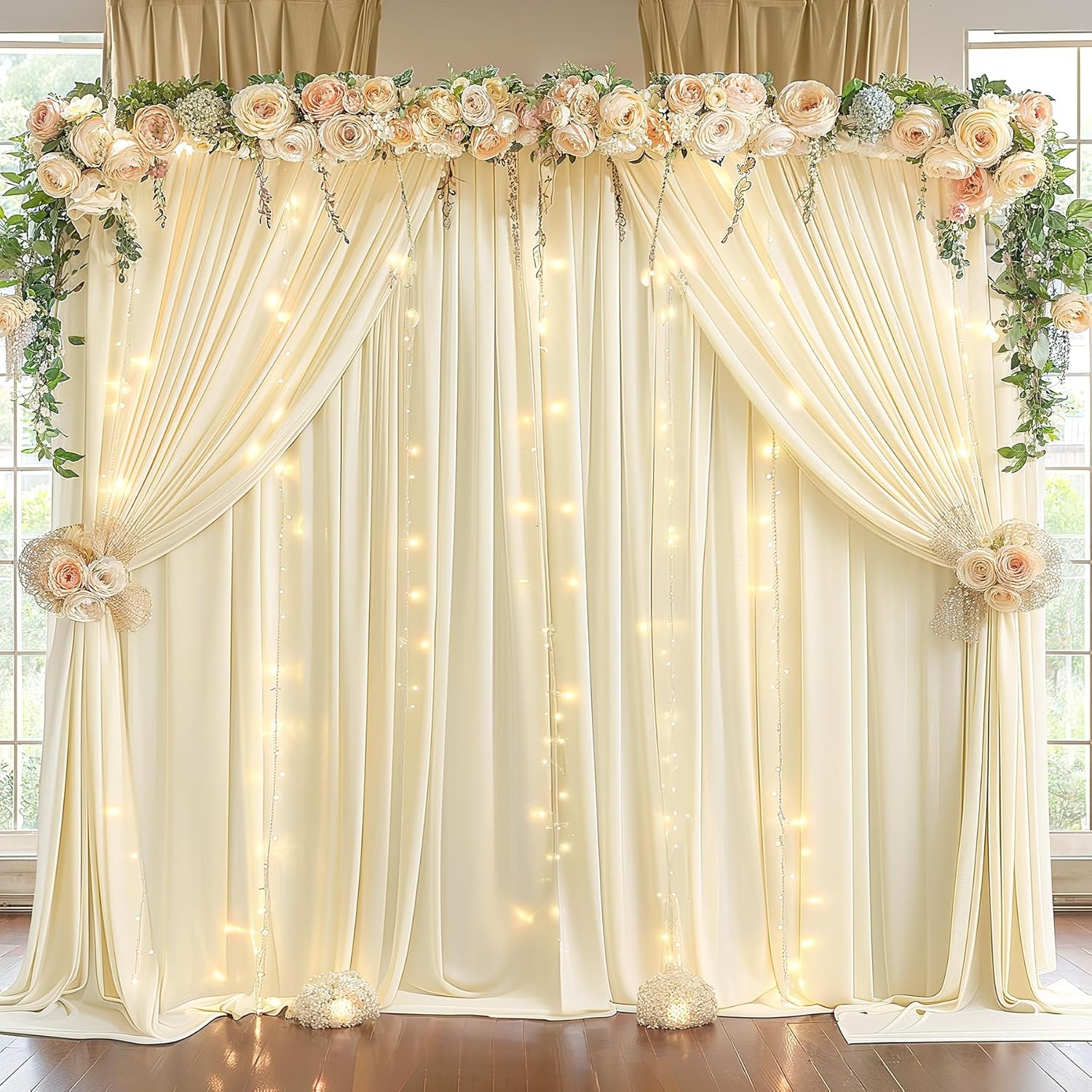 Wish Care 10x10ft Ivory Backdrop Curtain with Lights
