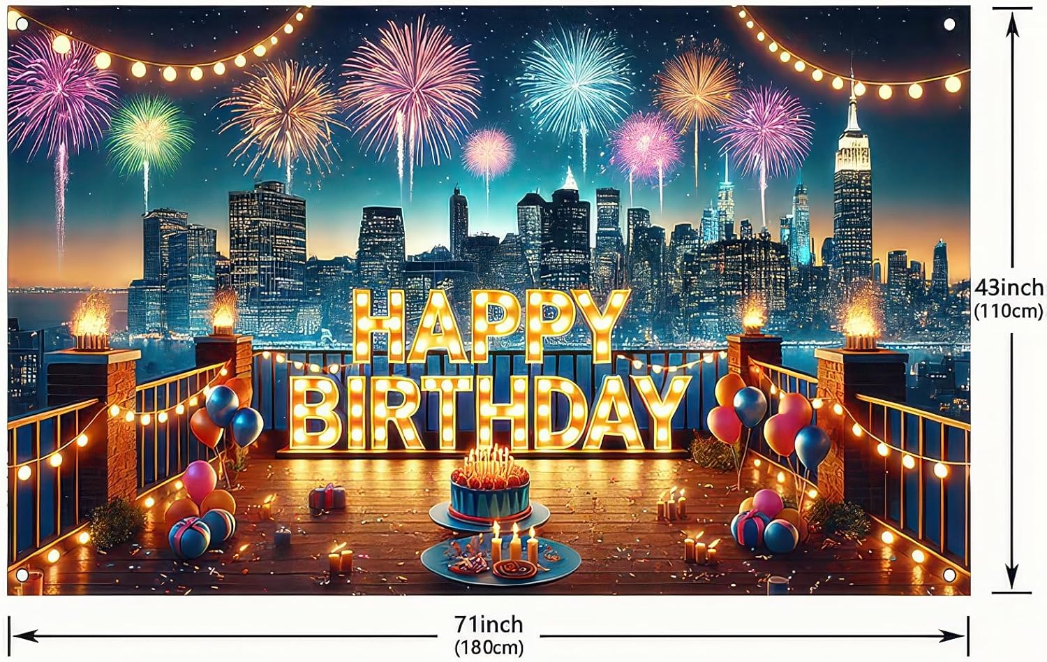 Happy Birthday City Skyline Fireworks Banner 71x43 Inch
