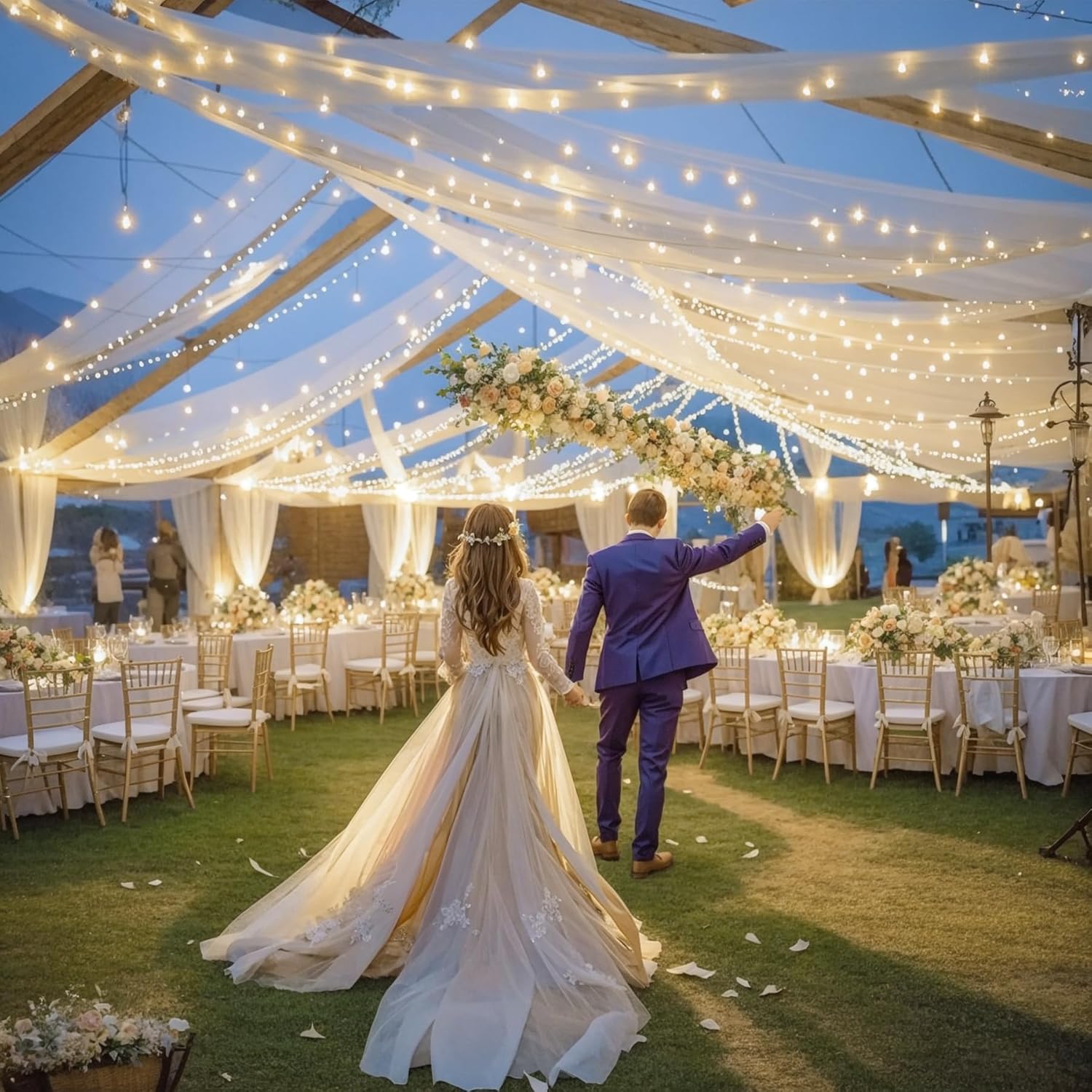 Ivory Ceiling Drapes with Lights Set