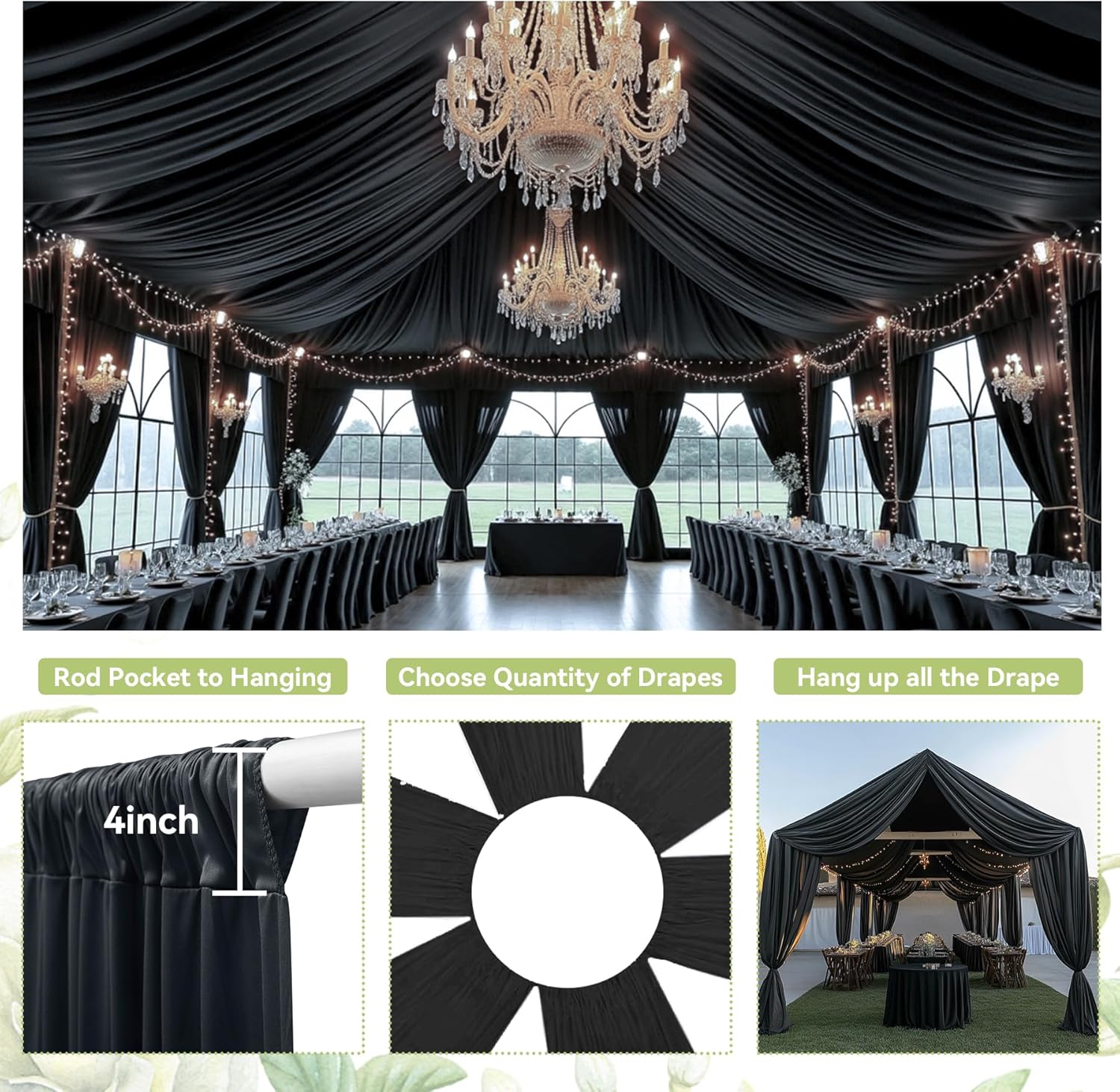 PartyVillage 10ft x 20ft Black Ceiling Curtain for Weddings