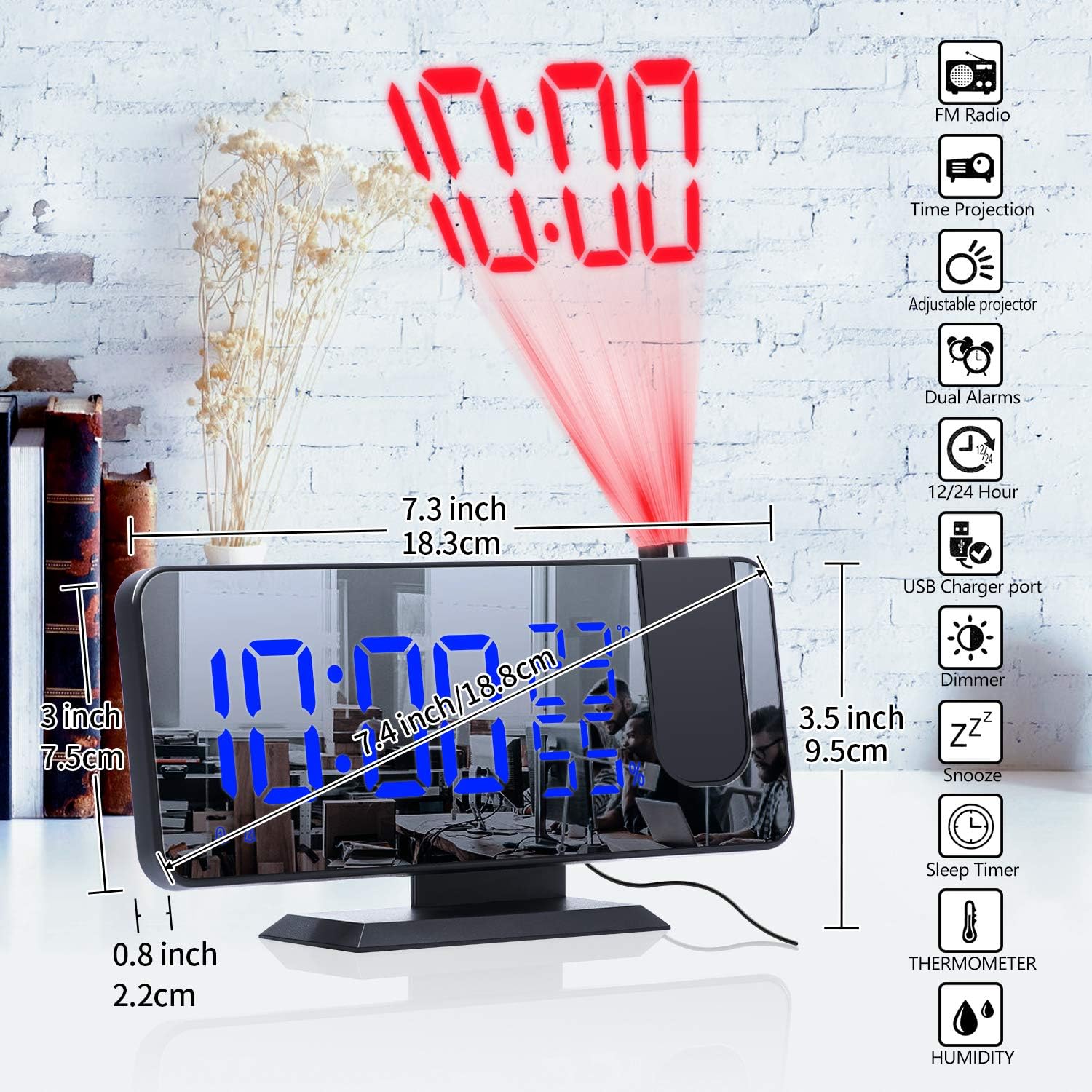 ThreeH Projection Alarm Clock with 4 Dimmer and 180 Degree Rotation