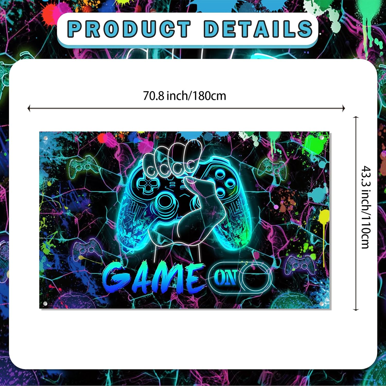 Game On Backdrop 59x36ft Neon Blue Birthday Decor