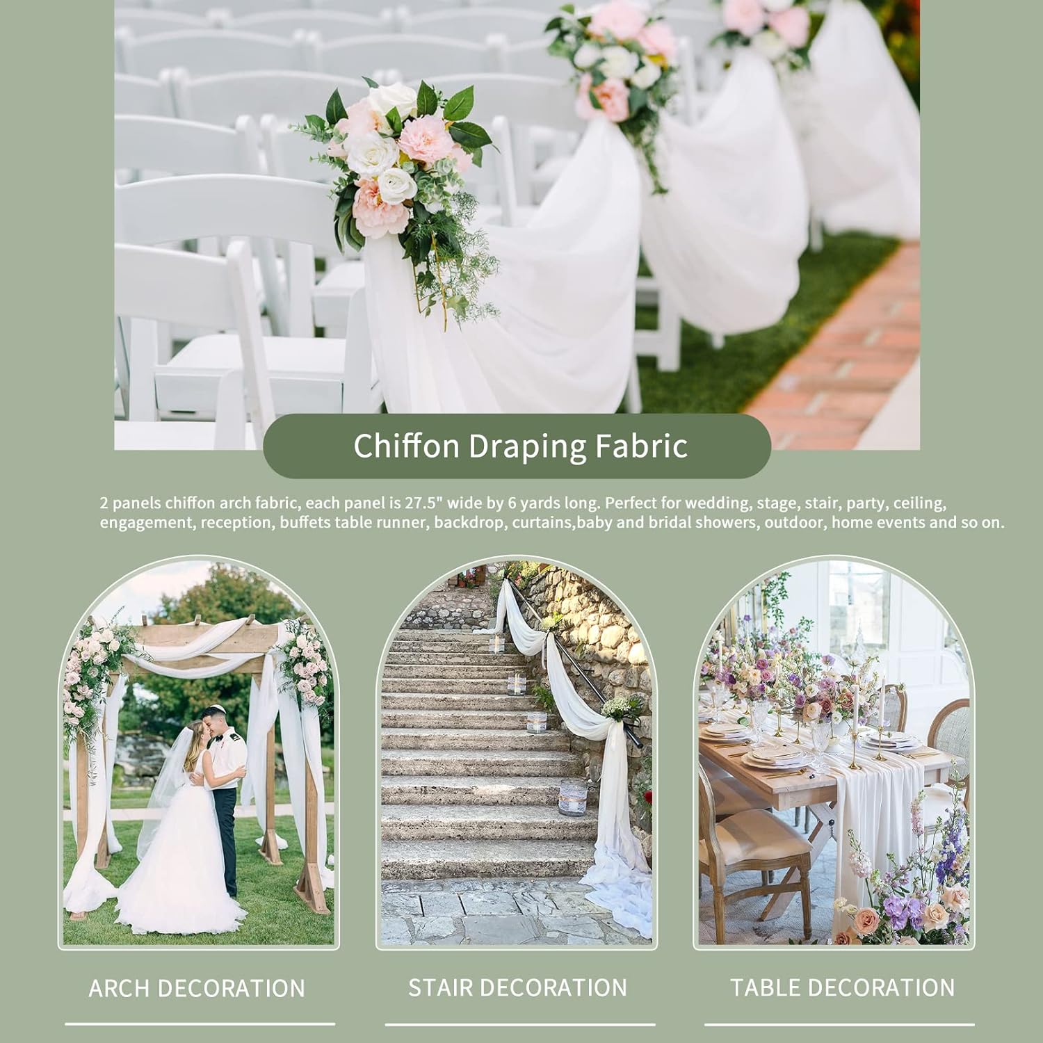 White Chiffon Arch Drapes 2 Panels 6 Yards Sheer Backdrop