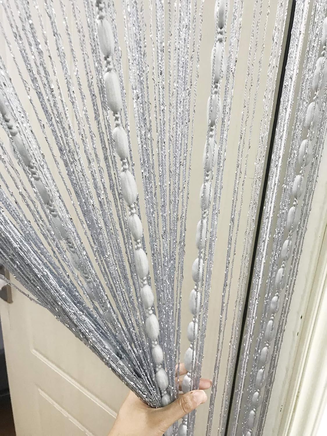 Eyotool Door String Curtain with Shaggy Tassel Room Divider 39x79 Silver Ribbon