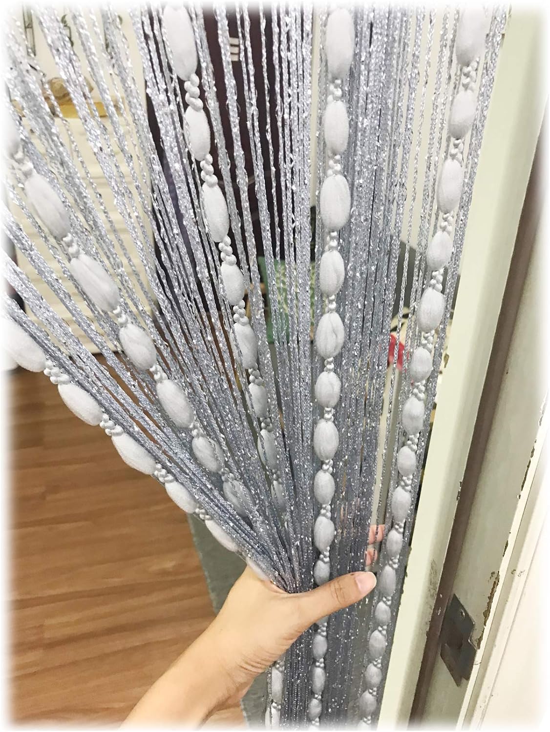 Eyotool Door String Curtain with Shaggy Tassel Room Divider 39x79 Silver Ribbon