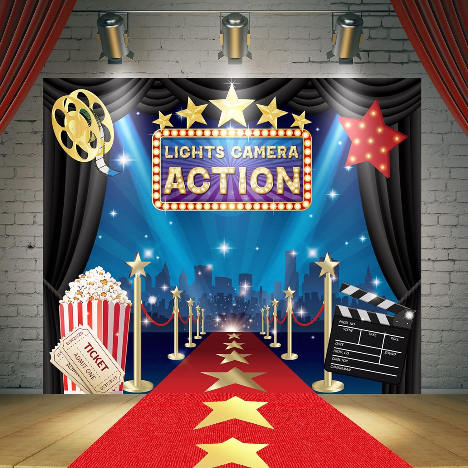 Frienda 6x5ft Movie Photo Backdrop with Red Carpet Runner and Star Cutouts