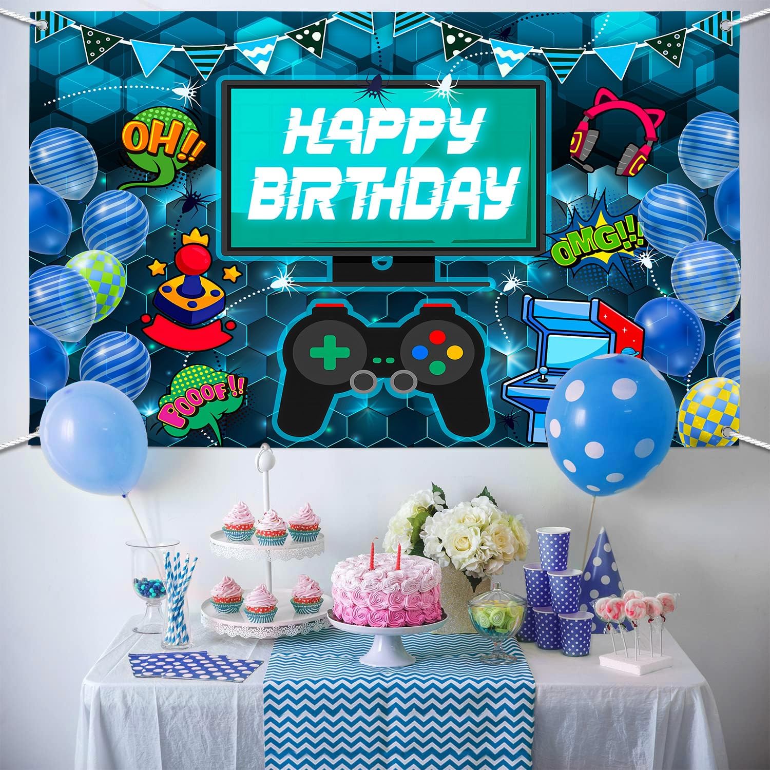 Video Game Birthday Backdrop 7x5ft Blue