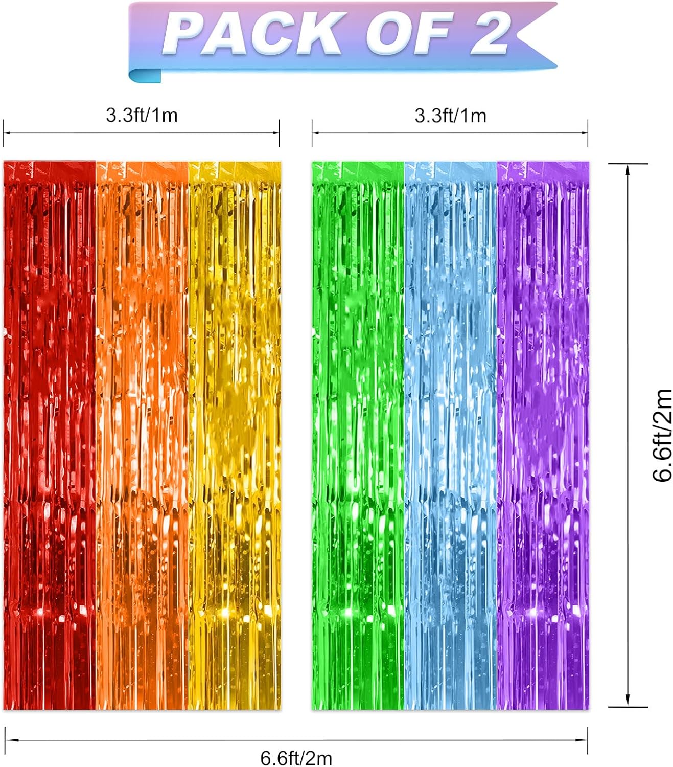 Biapian Rainbow Foil Fringe Curtains 2 Packs Party Decor