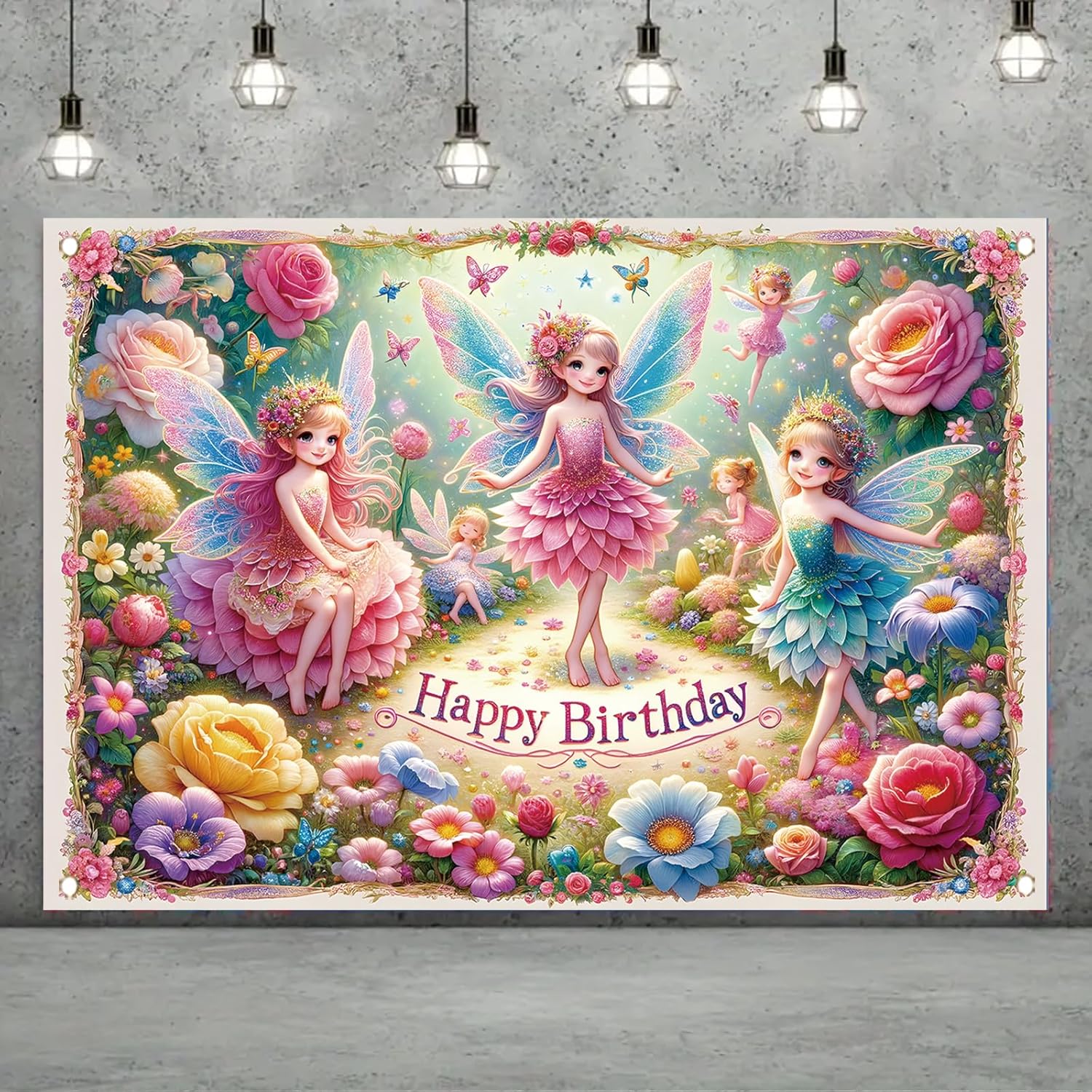 Fairy Birthday Backdrop Banner for Kids Girls Party Decoration
