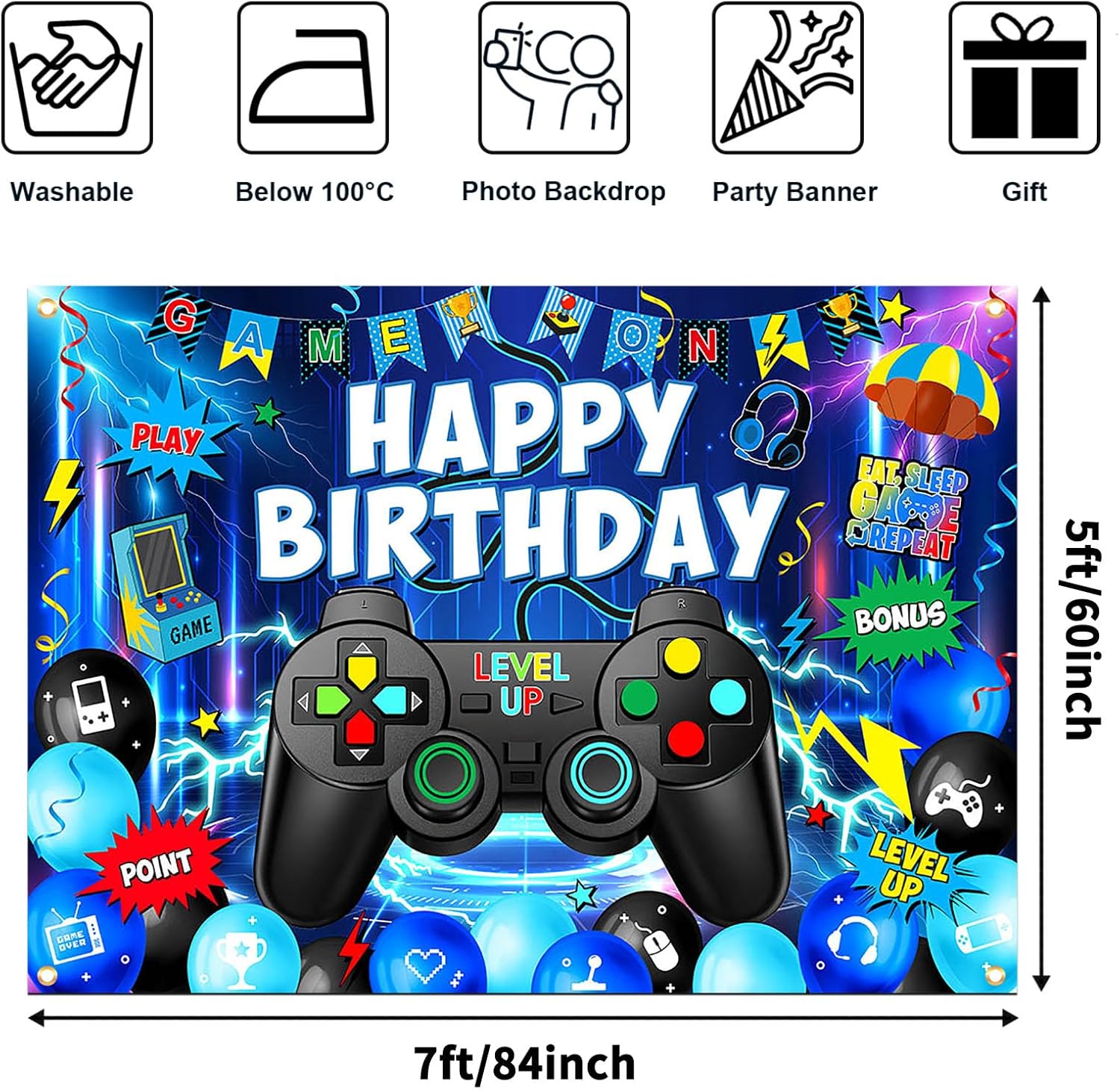 Avezano Gaming Birthday Party Backdrop 7x5ft
