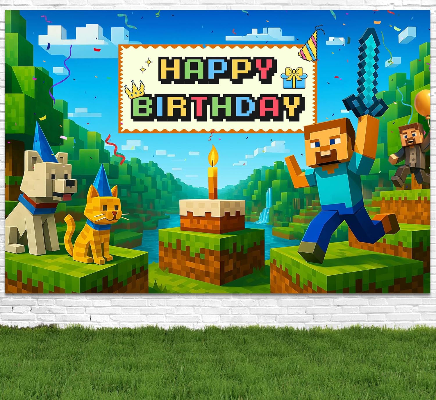 Pixel Gaming Birthday Banner for Boys 6x4ft Backdrop Decor