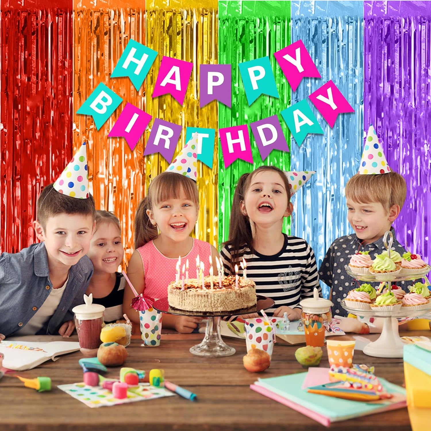 Biapian Rainbow Foil Fringe Curtains 2 Packs Party Decor