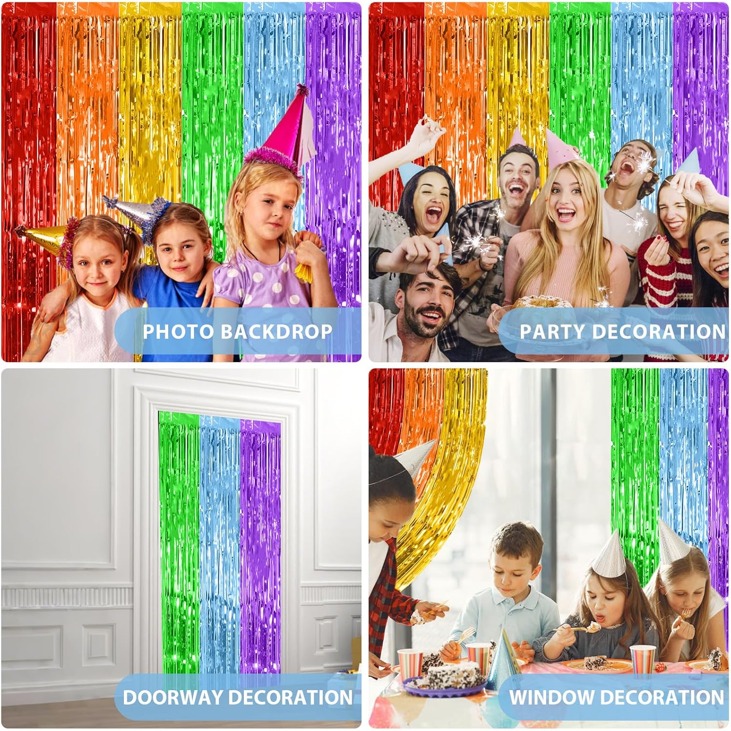 Biapian Rainbow Foil Fringe Curtains 2 Packs Party Decor