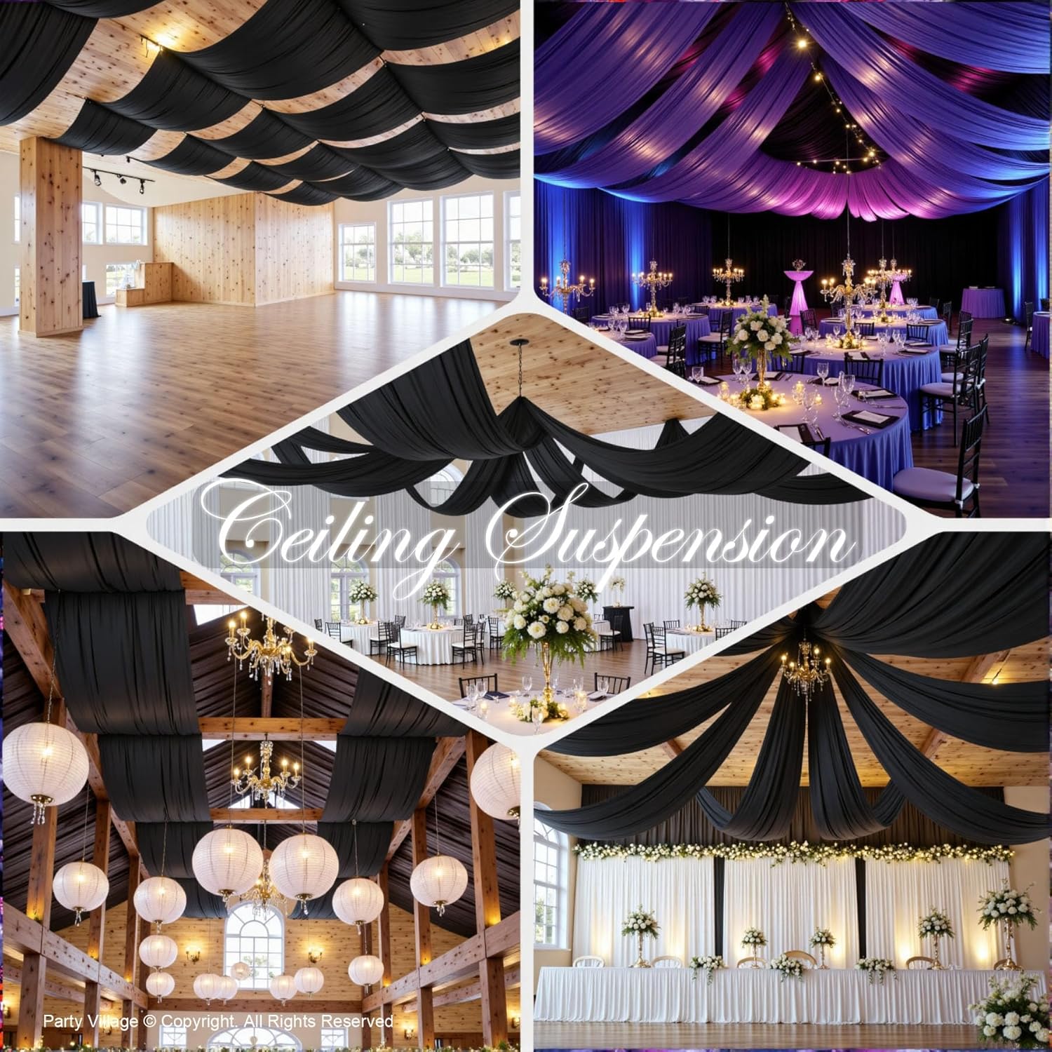 PartyVillage 10ft x 20ft Black Ceiling Curtain for Weddings