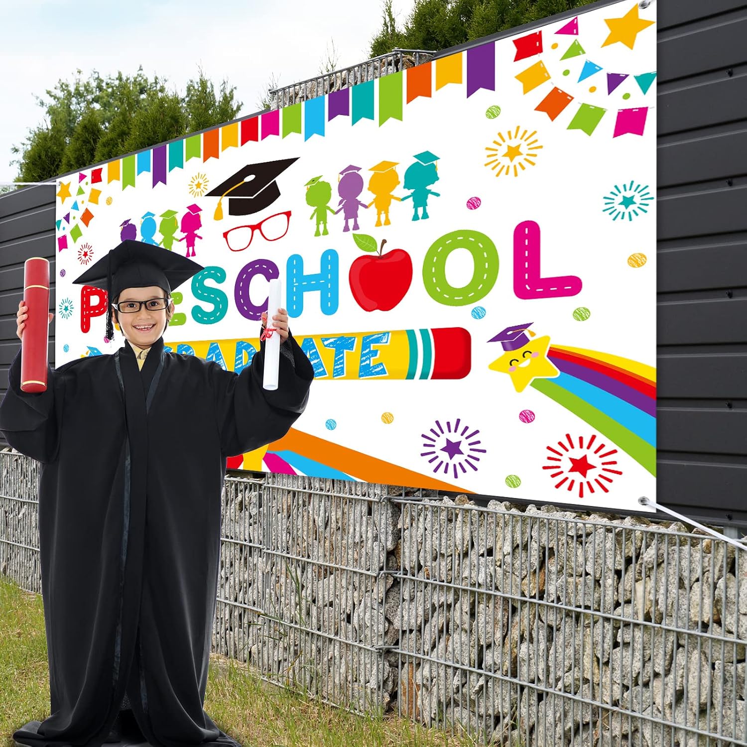 Tudomro Preschool Graduation Backdrop Banner 728 x 433 in White
