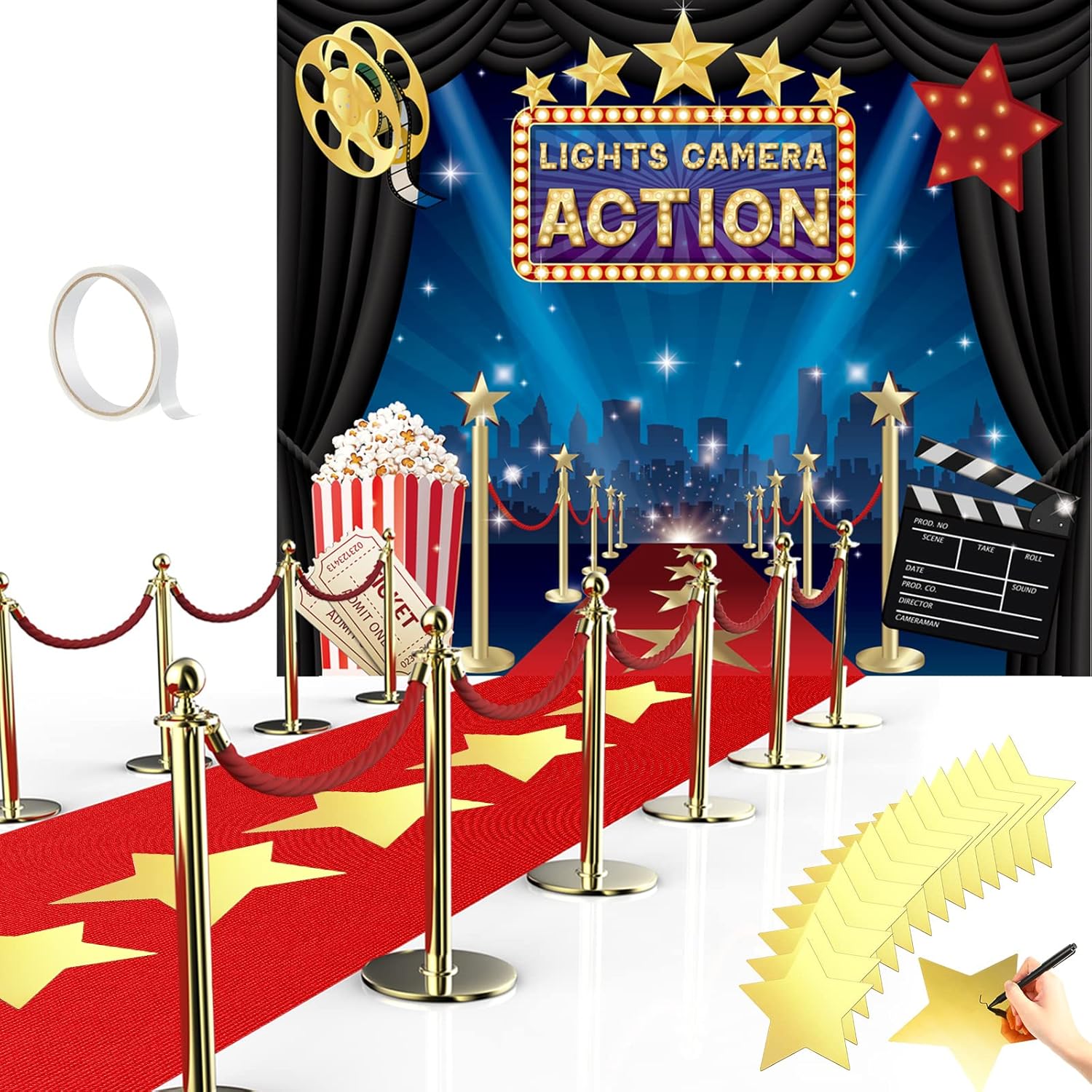 Frienda 6x5ft Movie Photo Backdrop with Red Carpet Runner and Star Cutouts
