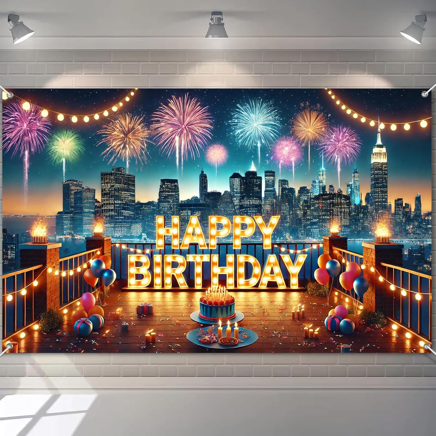 Happy Birthday City Skyline Fireworks Banner 71x43 Inch