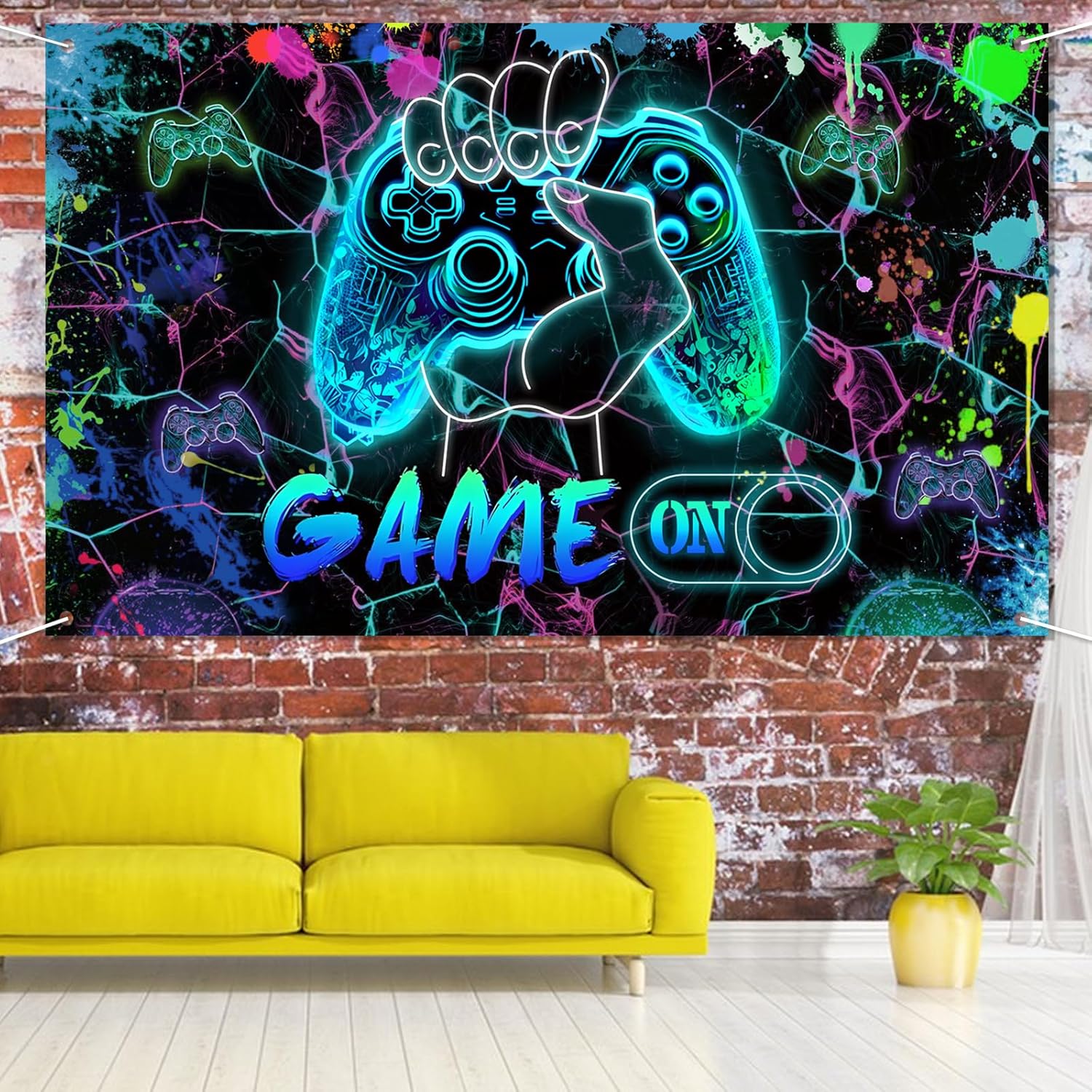 Game On Backdrop 59x36ft Neon Blue Birthday Decor