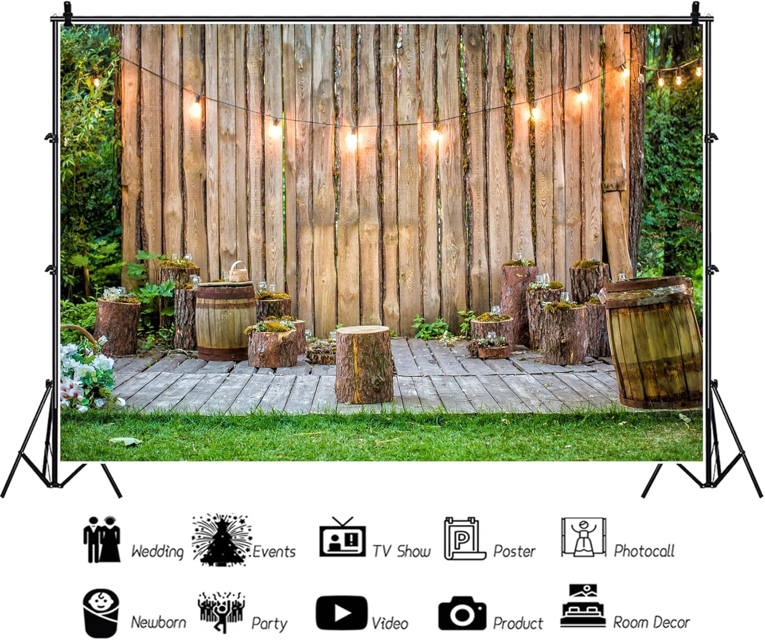 Baocicco Wooden Wall Backdrop 12x8ft Rustic Planks Log Green Grassland Photo Studio Background