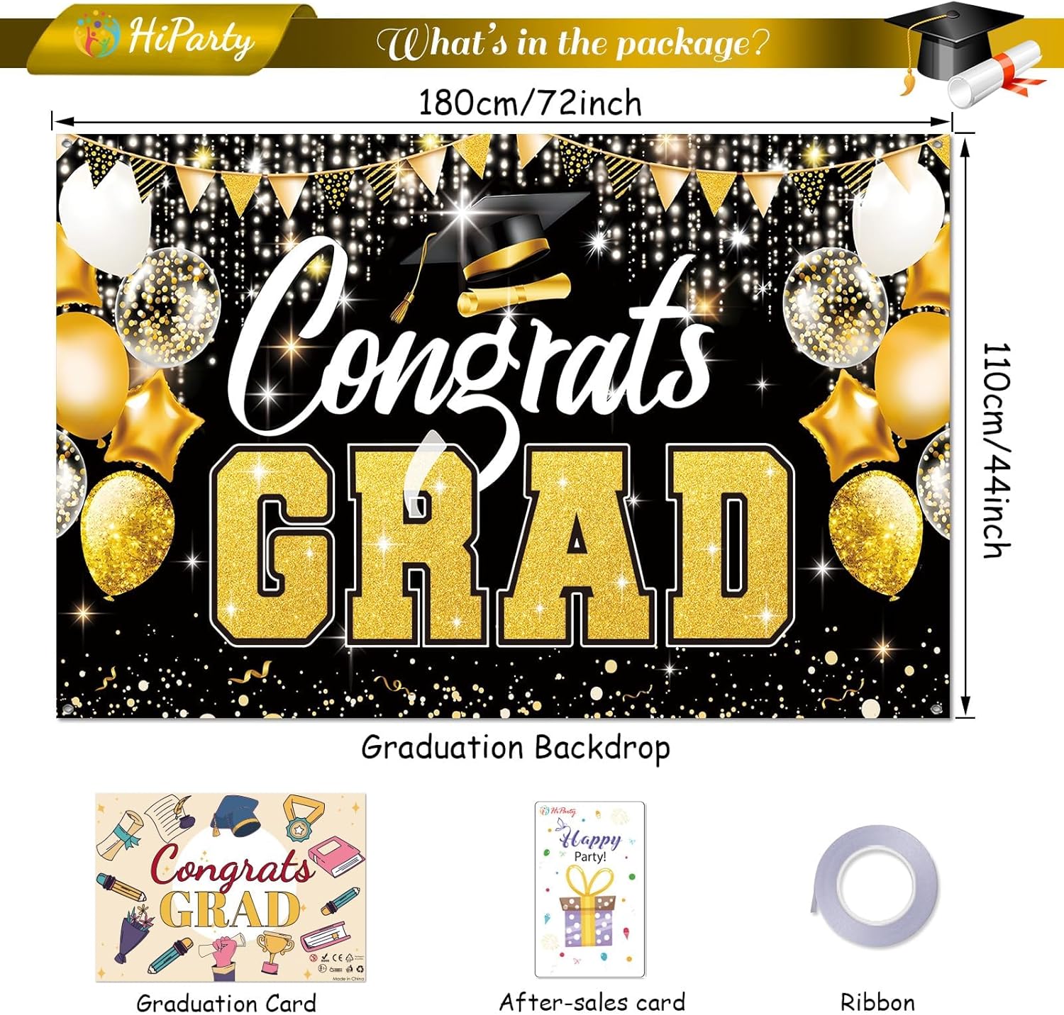 Premium Graduation Backdrop Banner 72x44in Black Gold