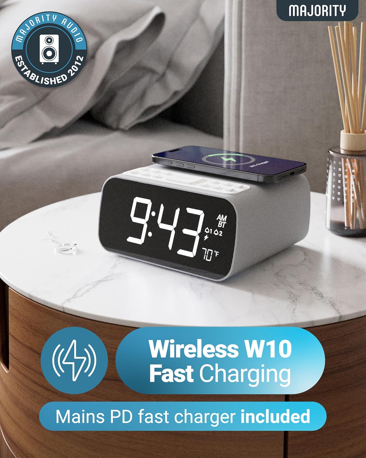 Majority Bluetooth Alarm Clock with Wireless Charging and FM Radio