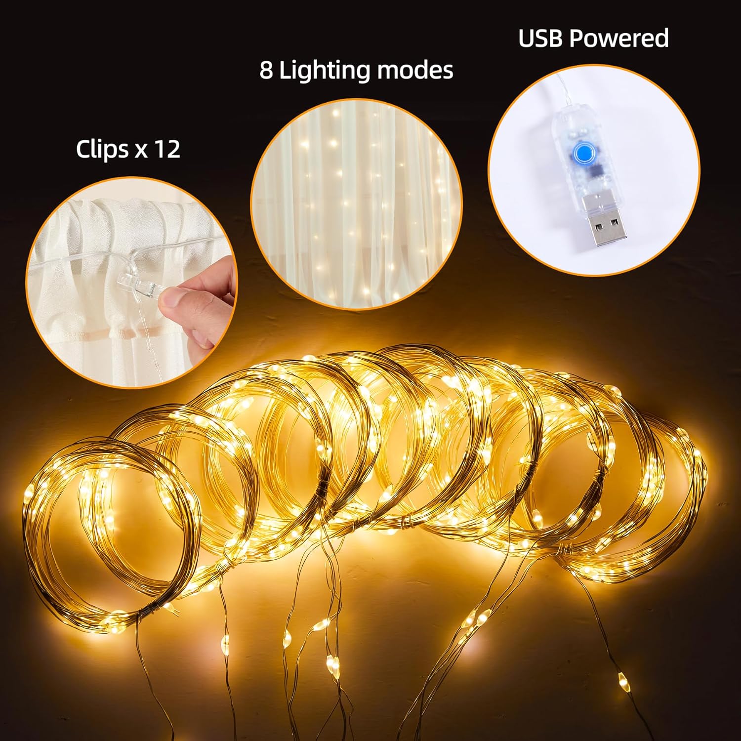 Ivory Tulle Backdrop Curtains with String Lights for Parties