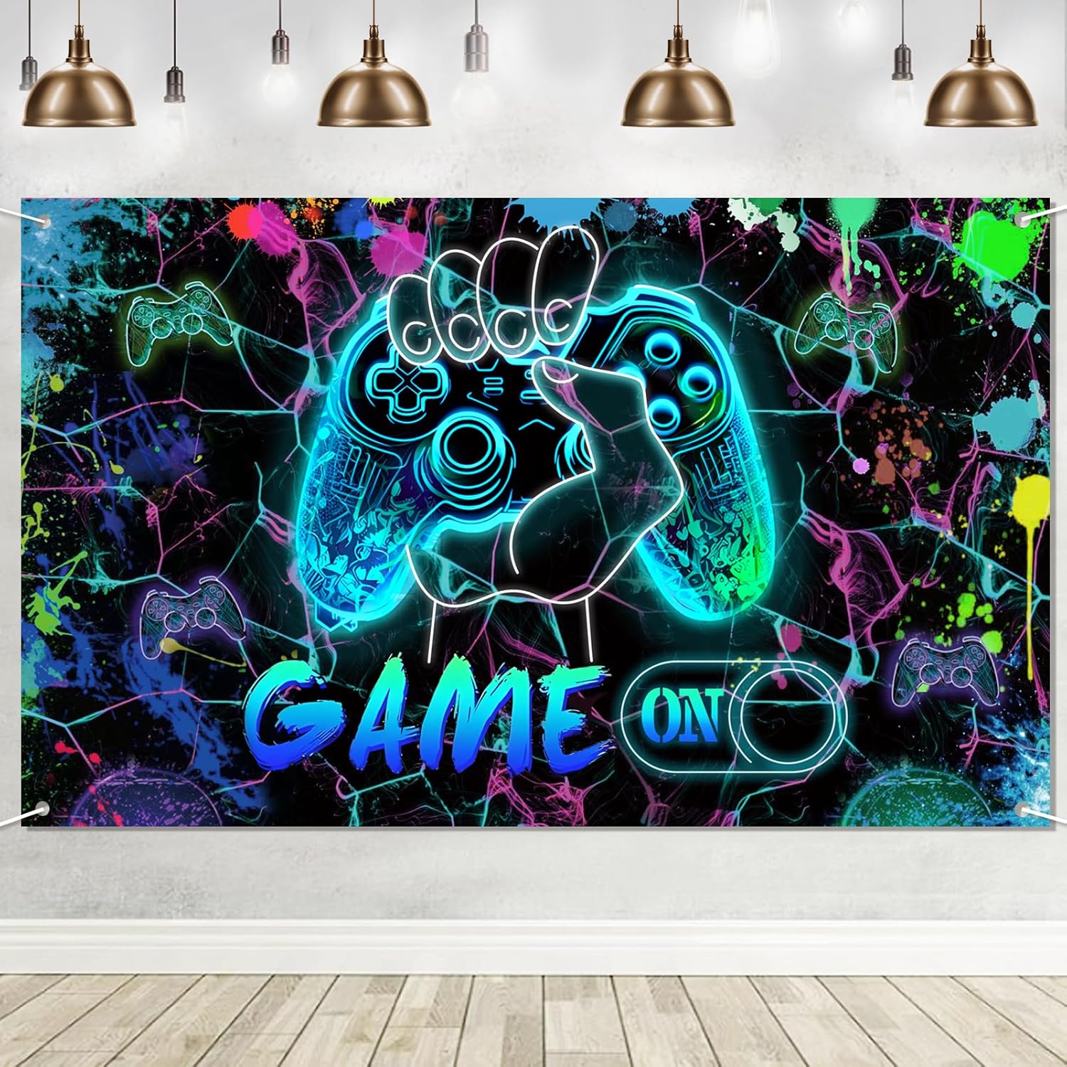 Game On Backdrop 59x36ft Neon Blue Birthday Decor