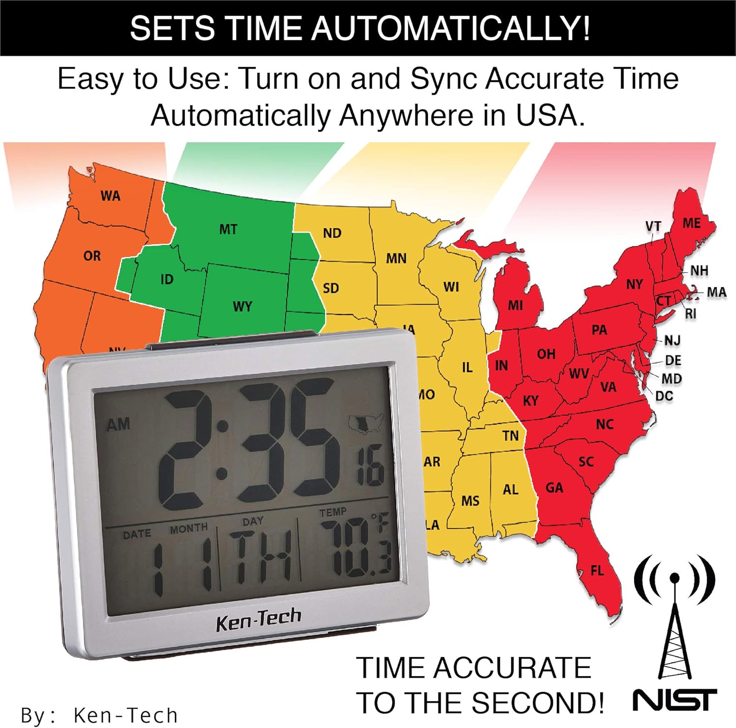Sonnet Ken-Tech Atomic Radio Controlled LCD Alarm Clock 15-Inch Black