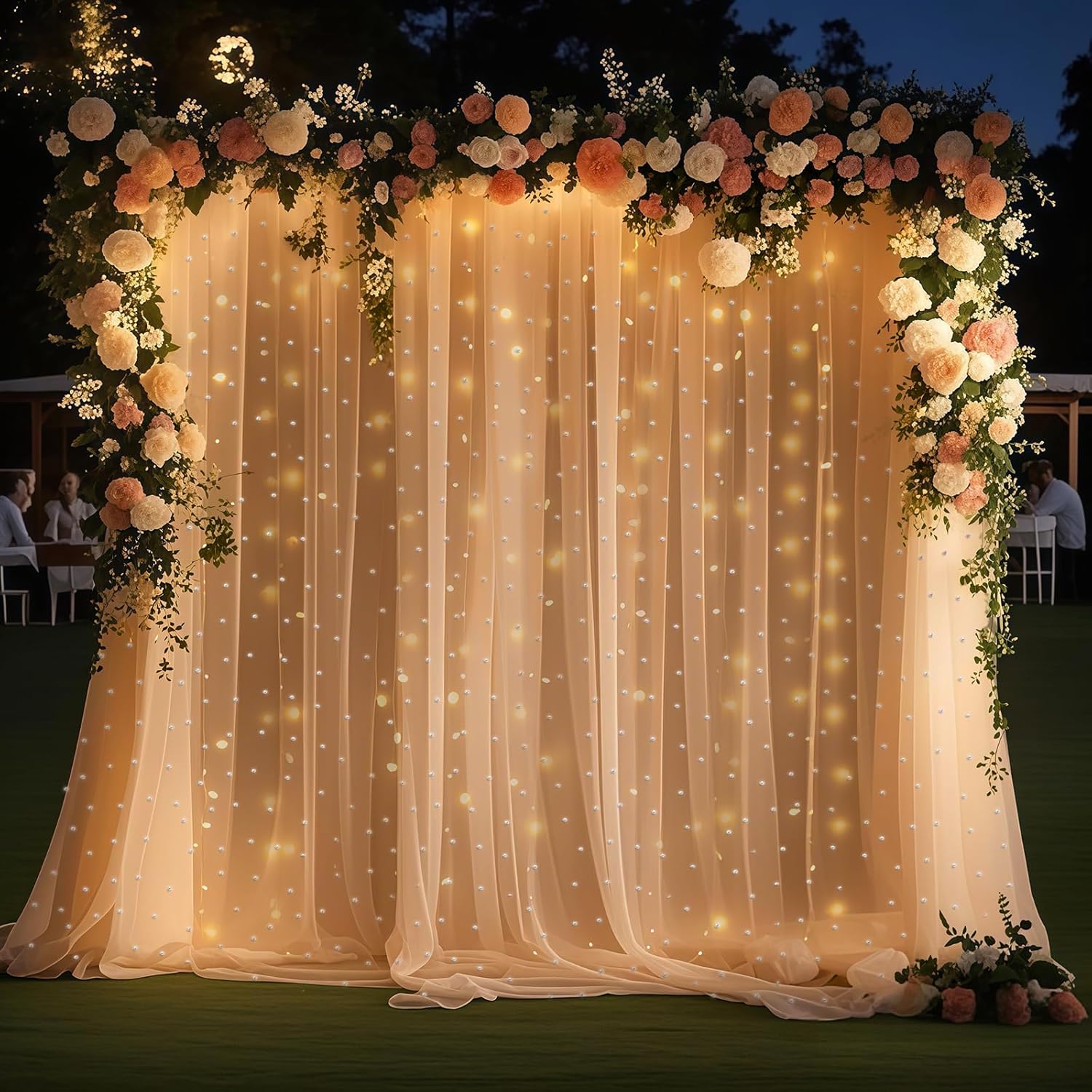 10x8ft Pearl Tulle Double Layered Backdrop with Lights and Clips