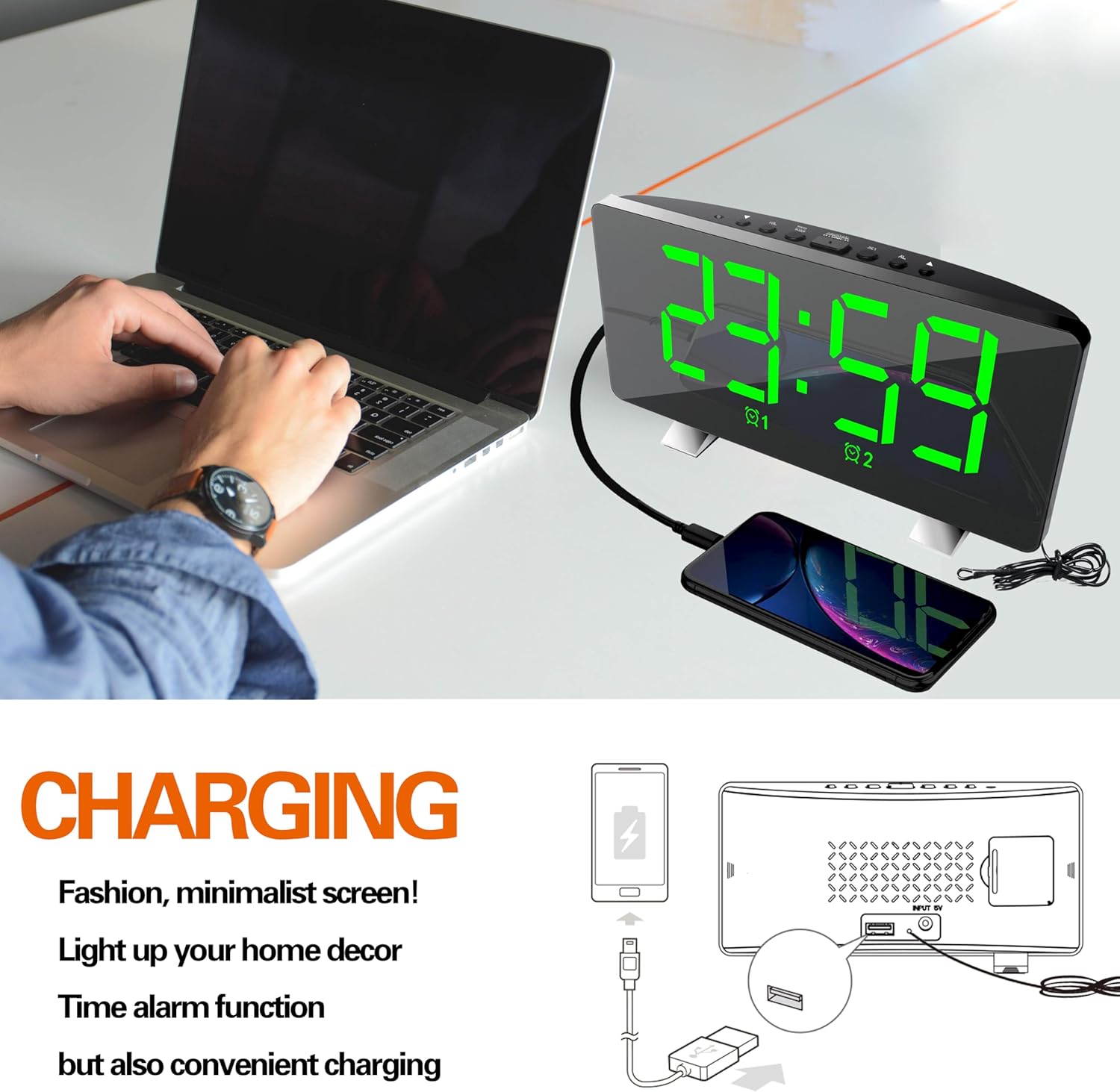 ThreeH Alarm Clock Radio with USB Charging and Adjustable Brightness