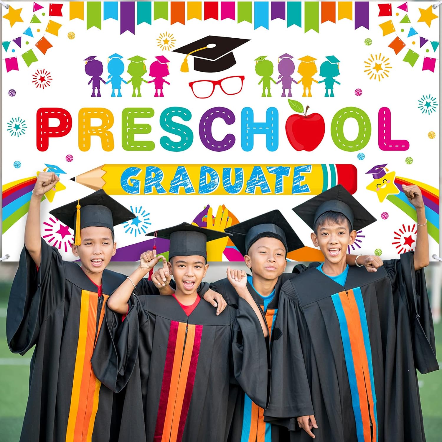 Tudomro Preschool Graduation Backdrop Banner 728 x 433 in White