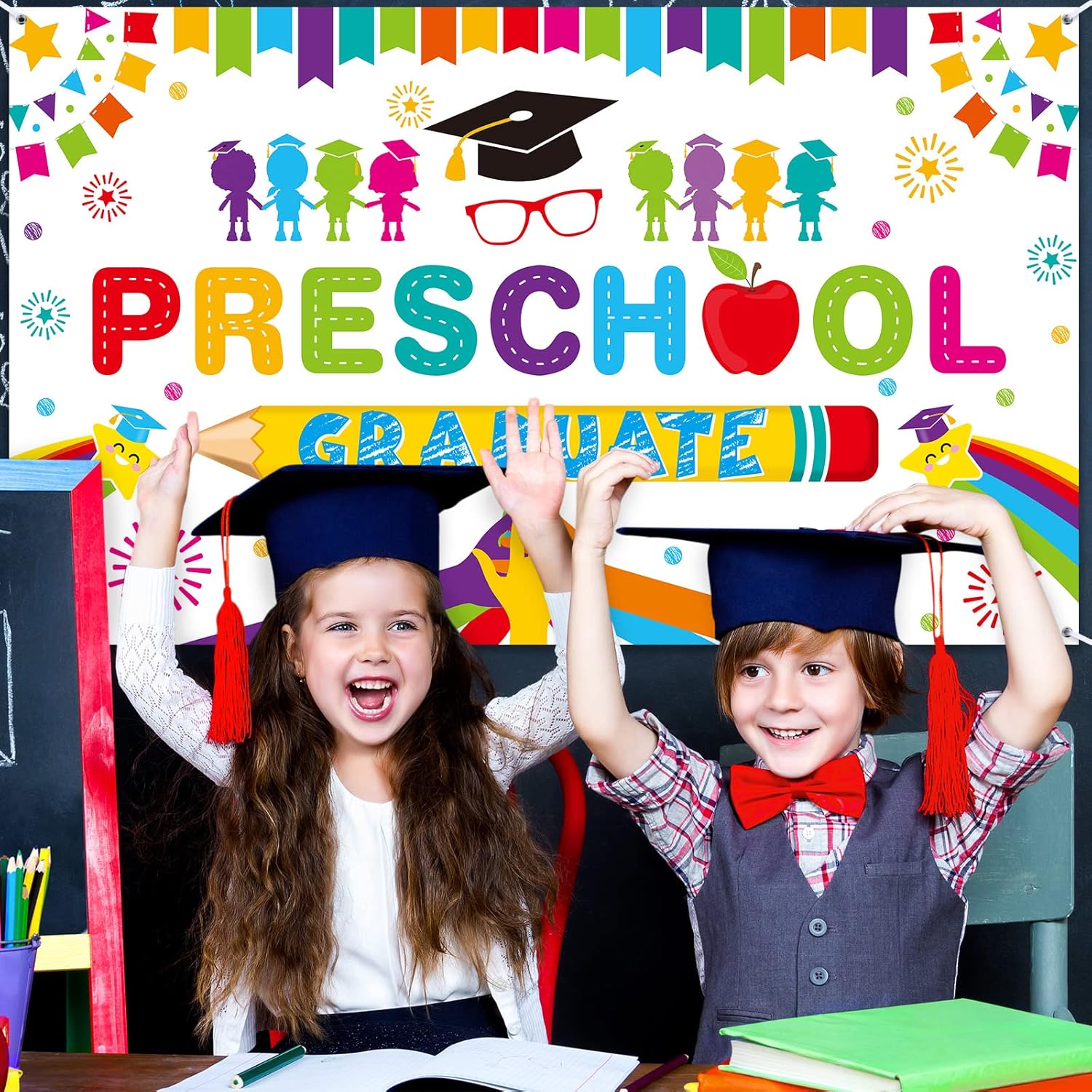 Tudomro Preschool Graduation Backdrop Banner 728 x 433 in White