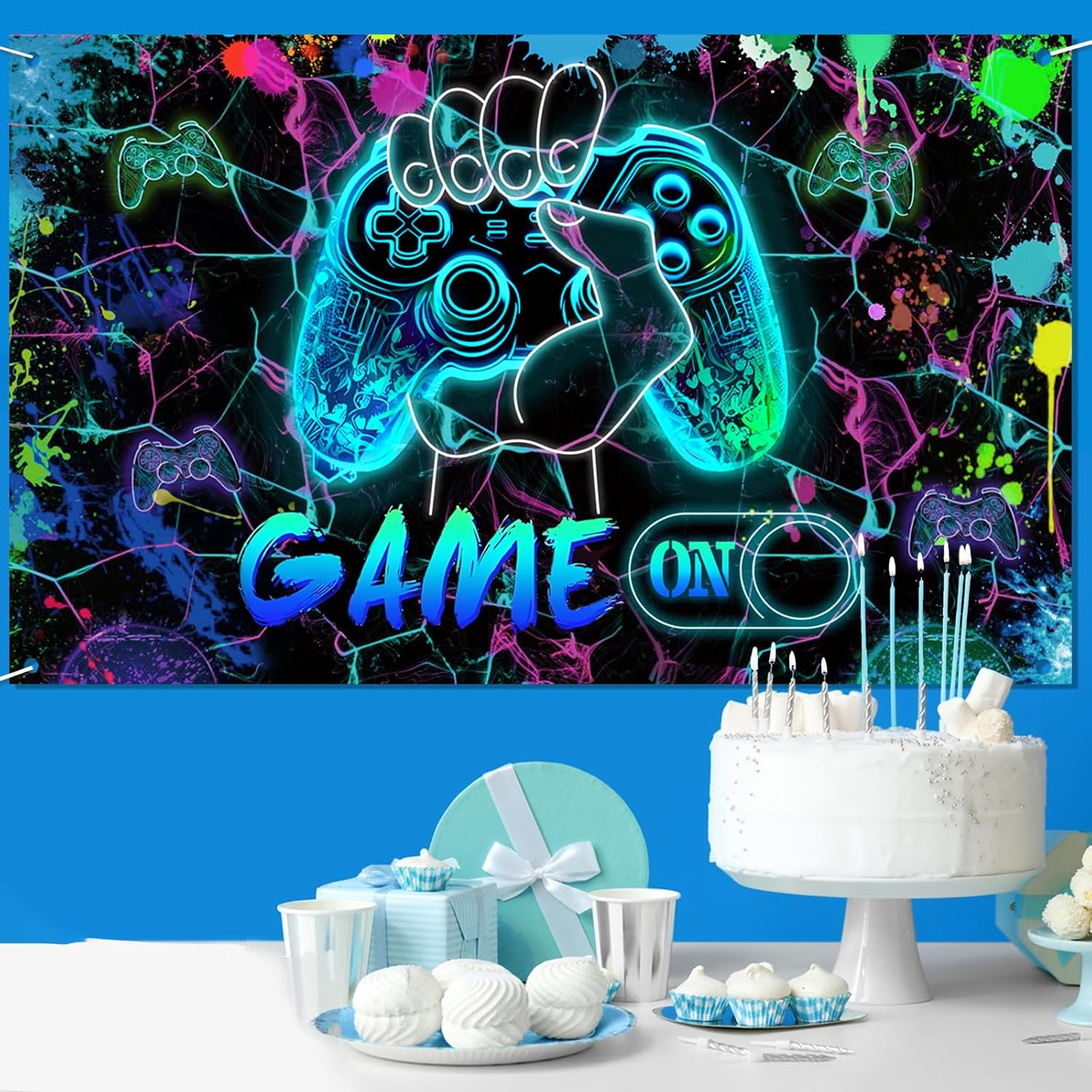 Game On Backdrop 59x36ft Neon Blue Birthday Decor