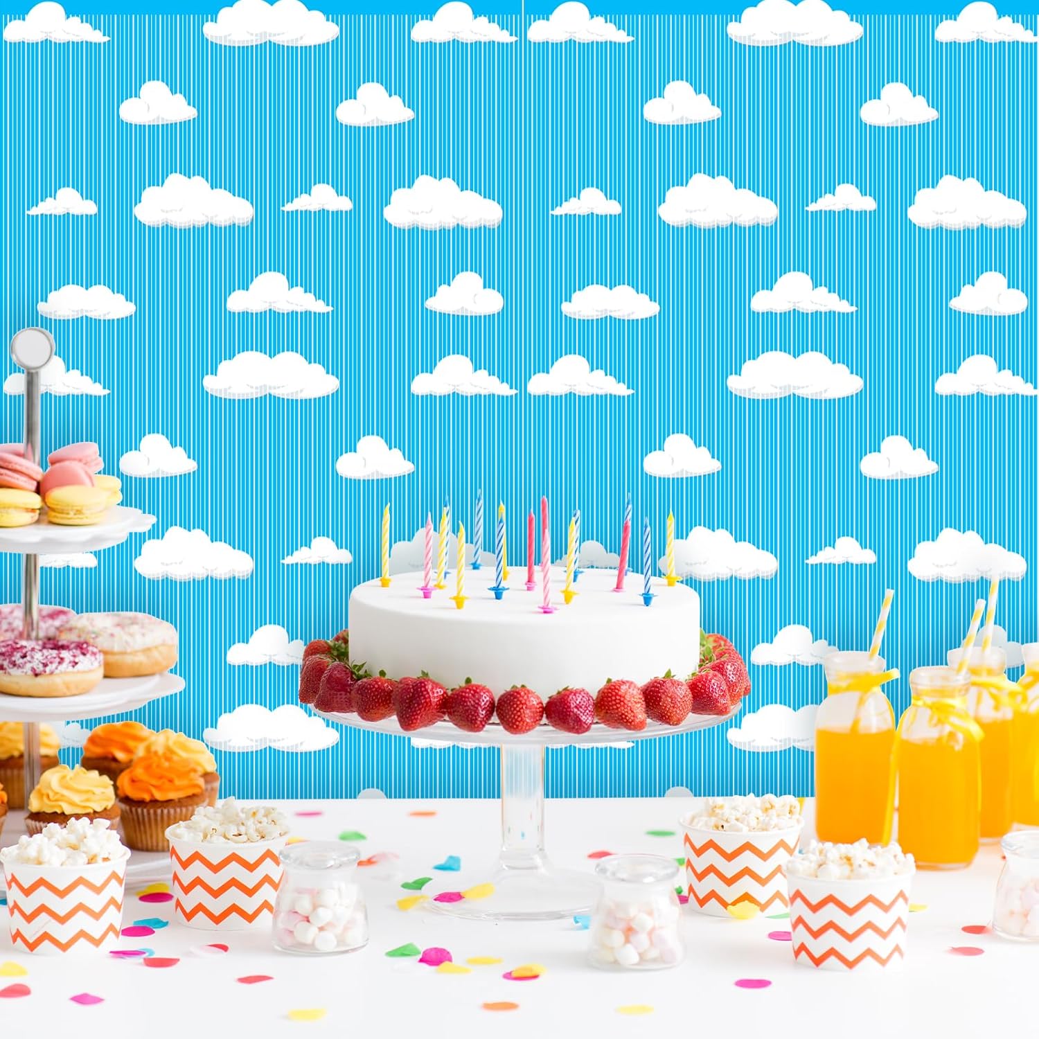 4PCS Blue Sky White Clouds Party Decor Curtains