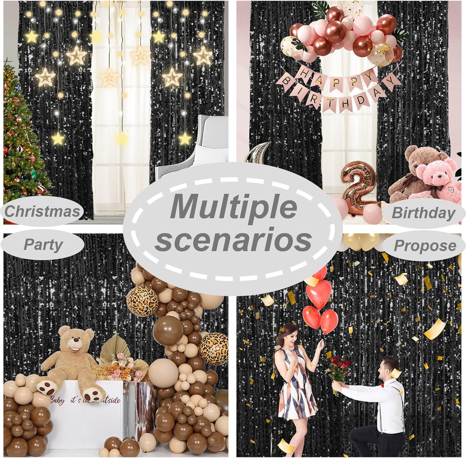 18MM Black Sequin Curtains 45FTX9FT 2 Panels Backdrop