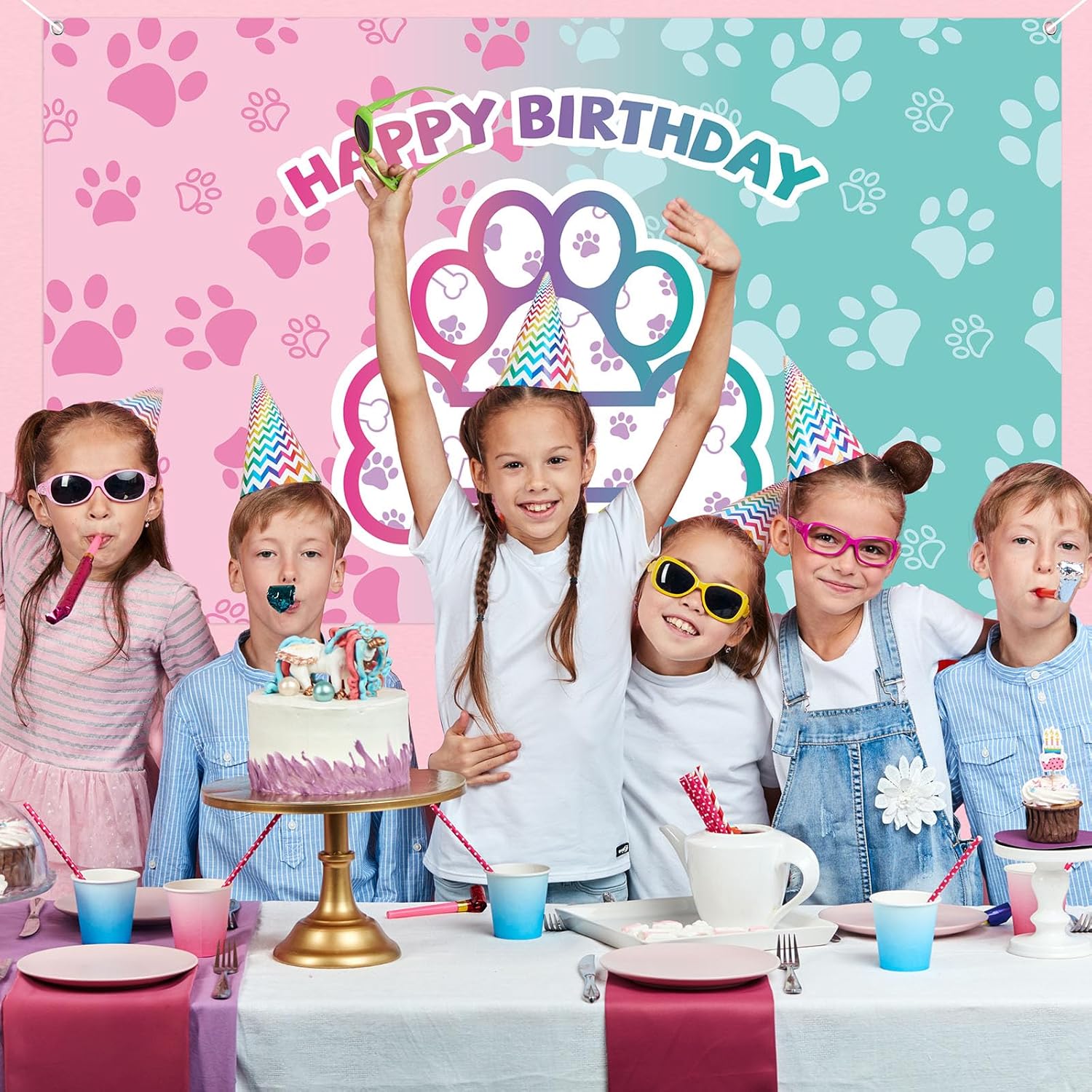 Newwiee Dog Paw Birthday Backdrop Banner