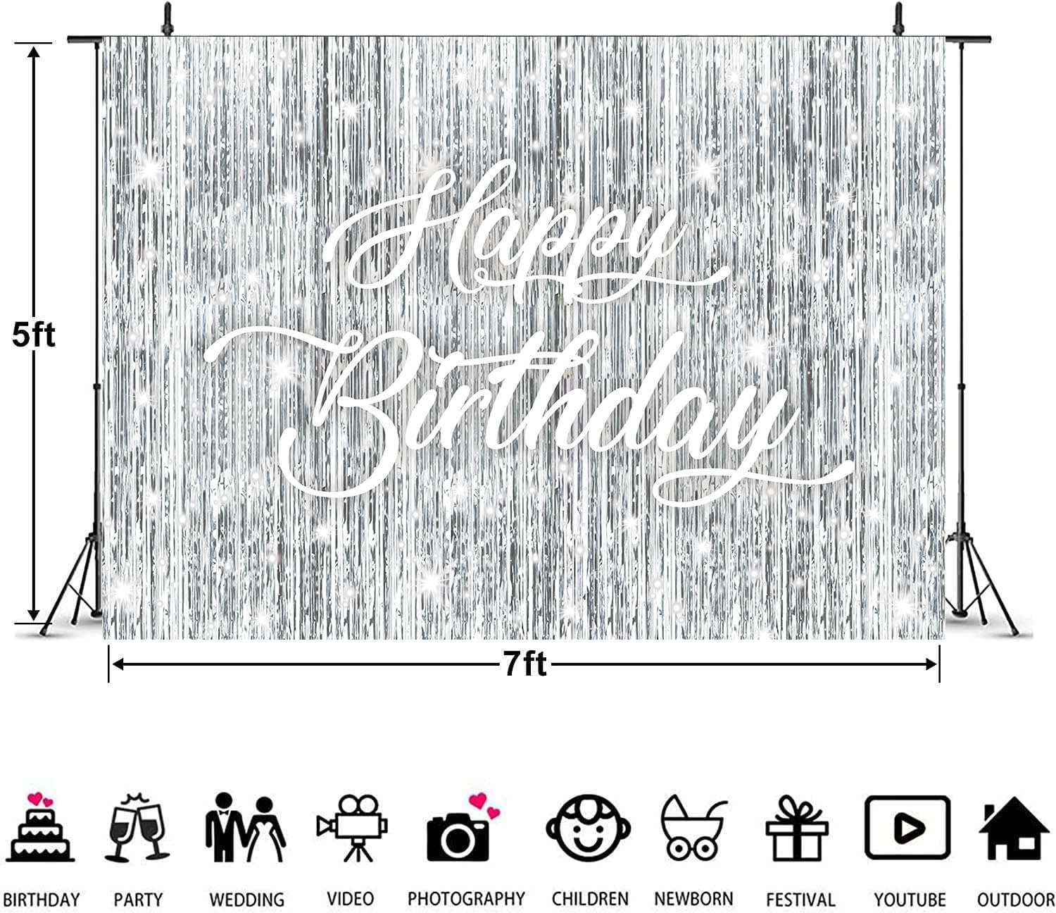 Silver Flash Happy Birthday Backdrop 7x5FT