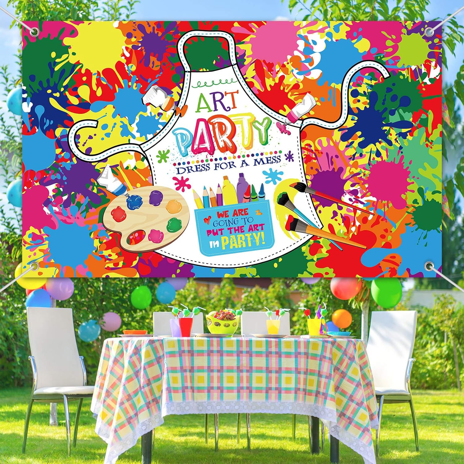 Art Paint Party Backdrop with Hanging Ribbon