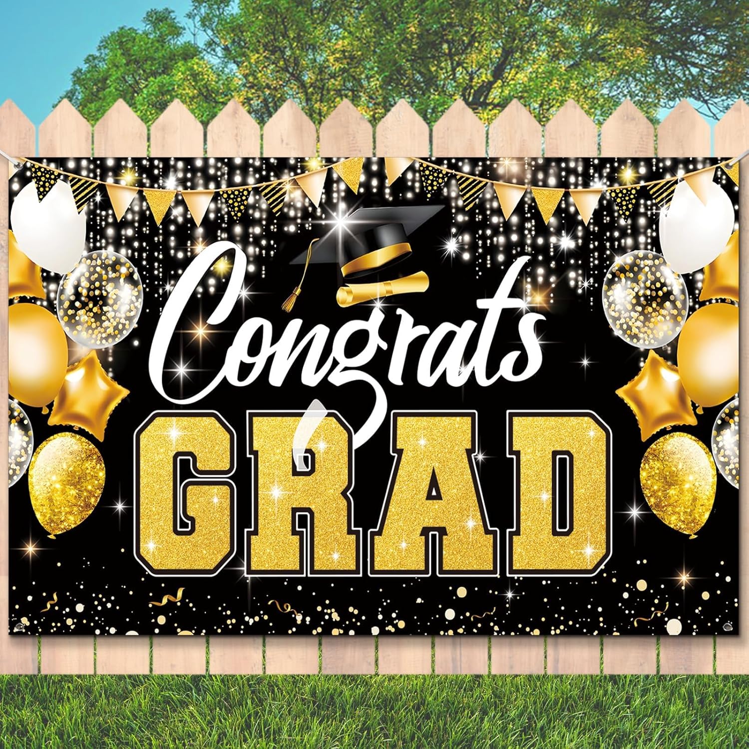 Premium Graduation Backdrop Banner 72x44in Black Gold