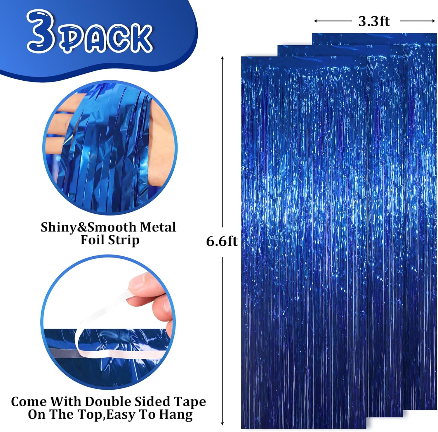 3 Pack Blue Foil Fringe Backdrop Curtains for Parties