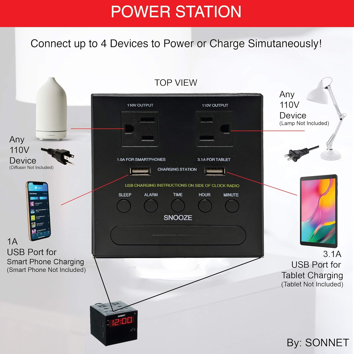 Sonnet Alarm Clock Charging Station with Bluetooth and AMFM Radio