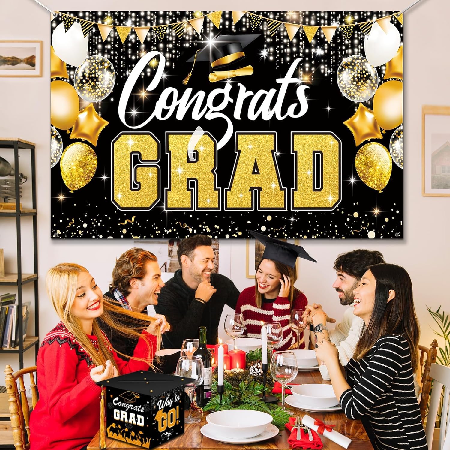 Premium Graduation Backdrop Banner 72x44in Black Gold