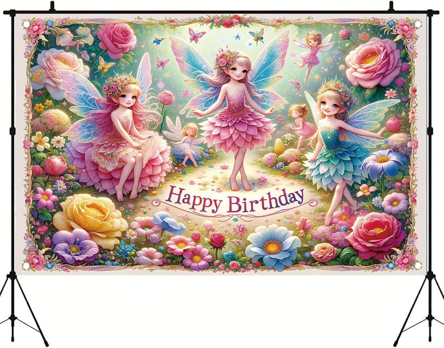Fairy Birthday Backdrop Banner for Kids Girls Party Decoration