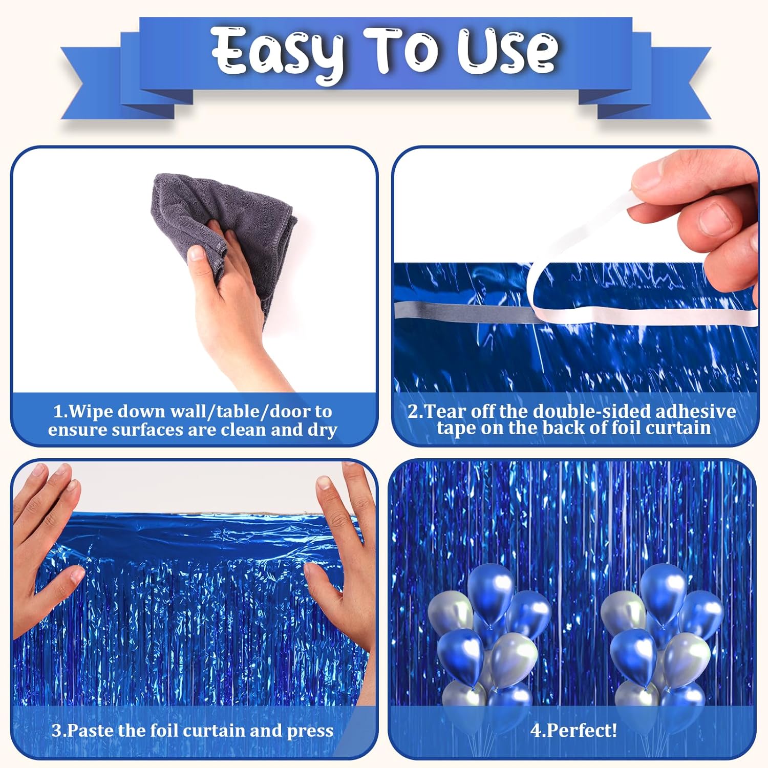 3 Pack Blue Foil Fringe Backdrop Curtains for Parties