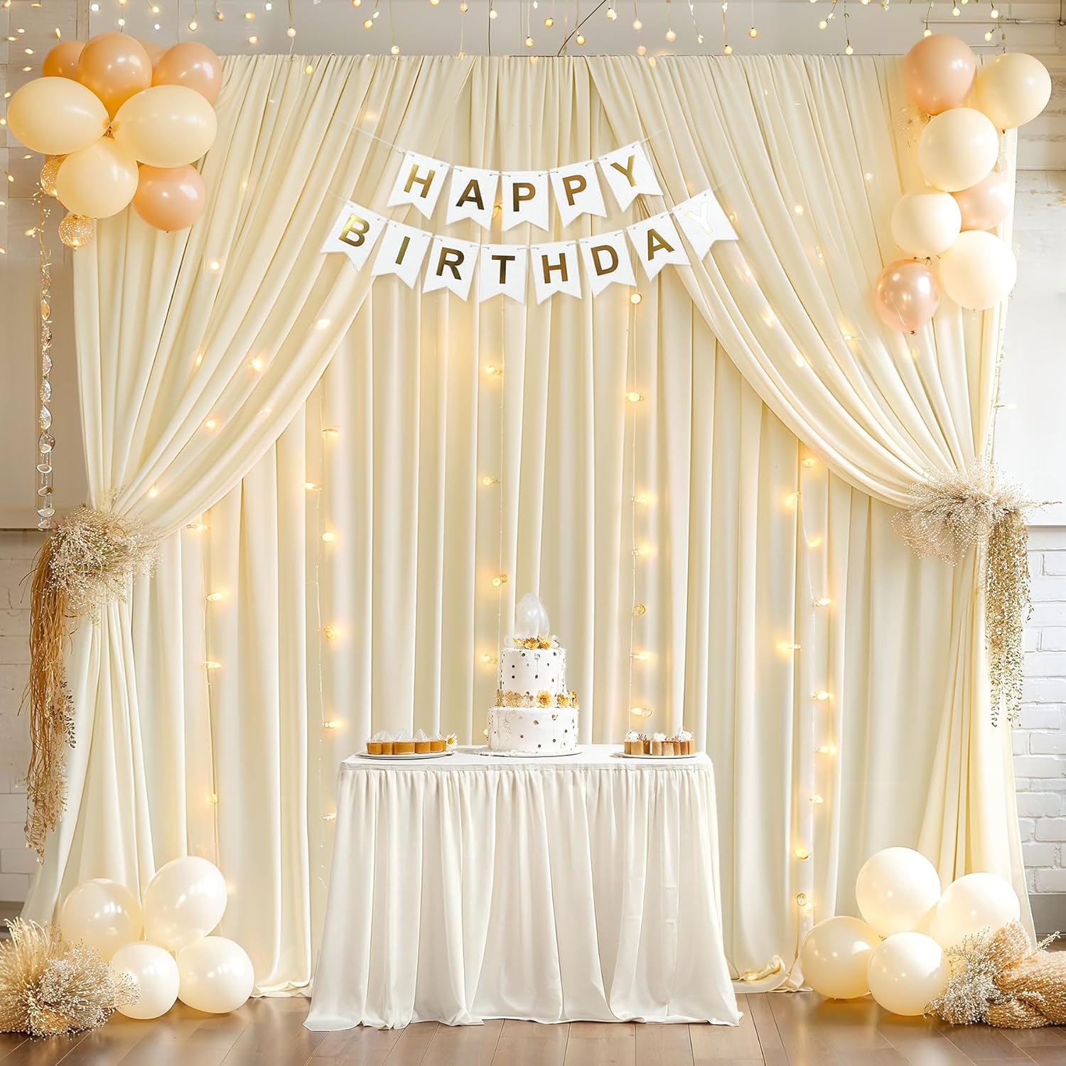 Wish Care 10x10ft Ivory Backdrop Curtain with Lights