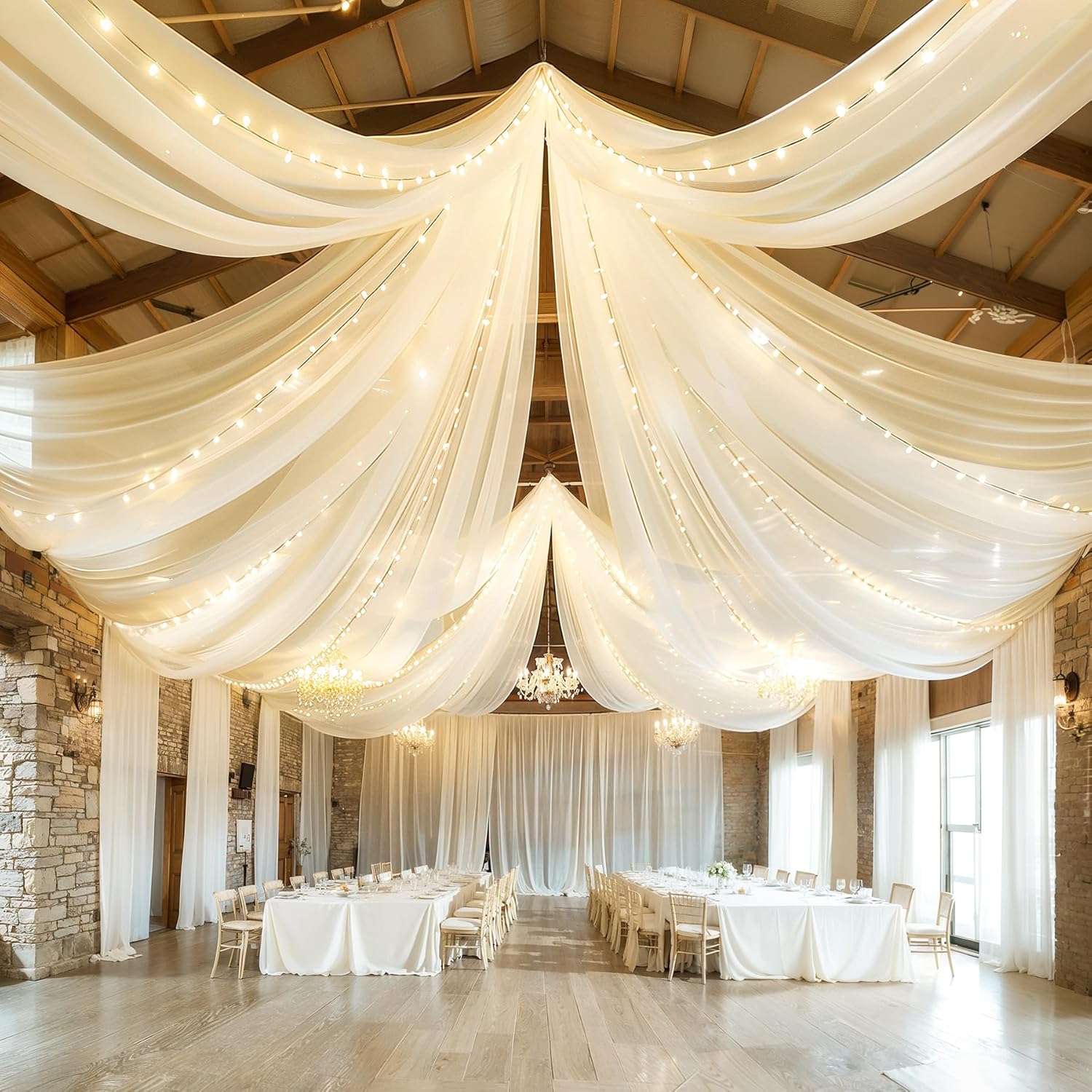 Ivory Ceiling Drapes with Lights Set