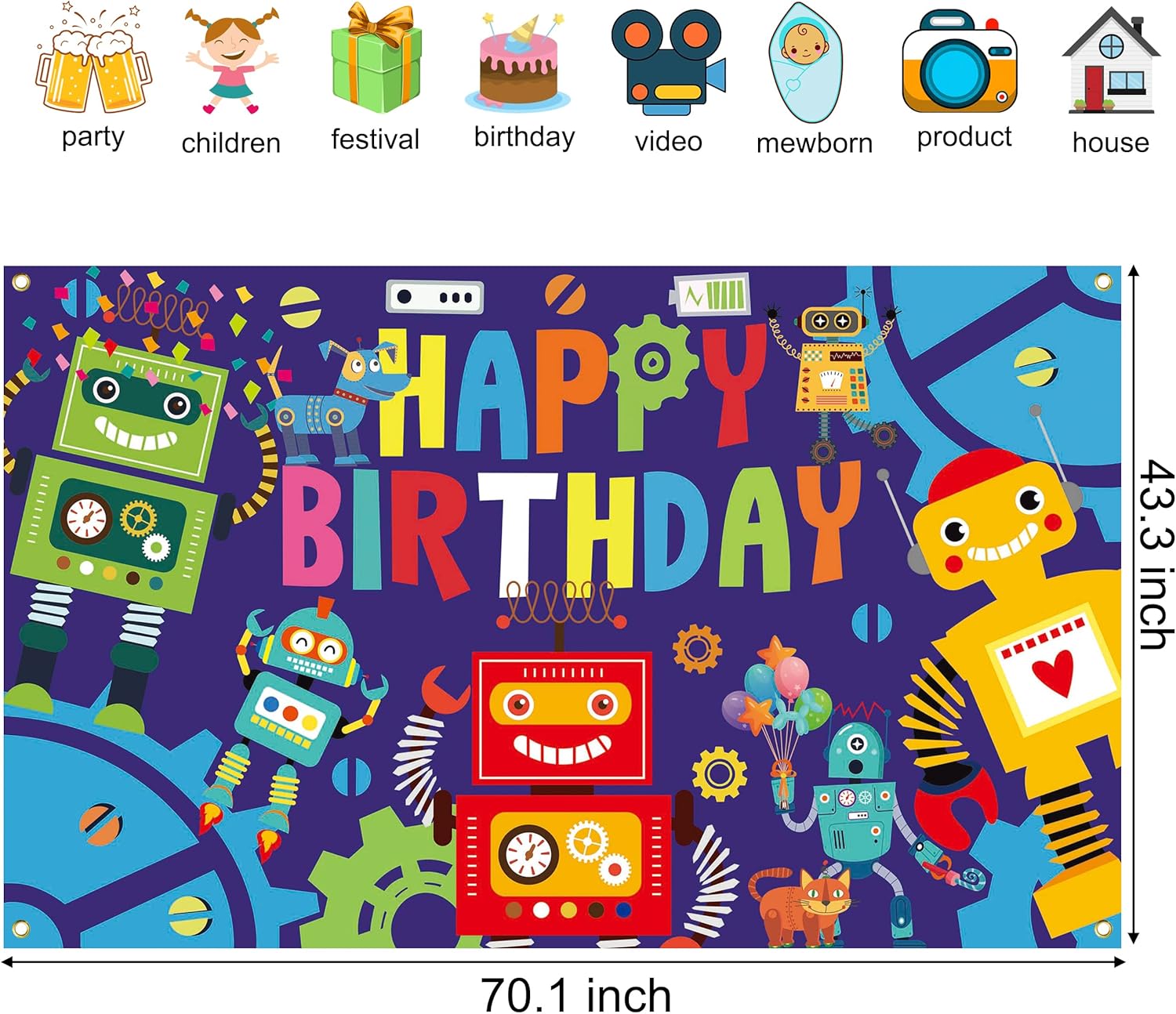 Robot Birthday Party Backdrop 59x36ft